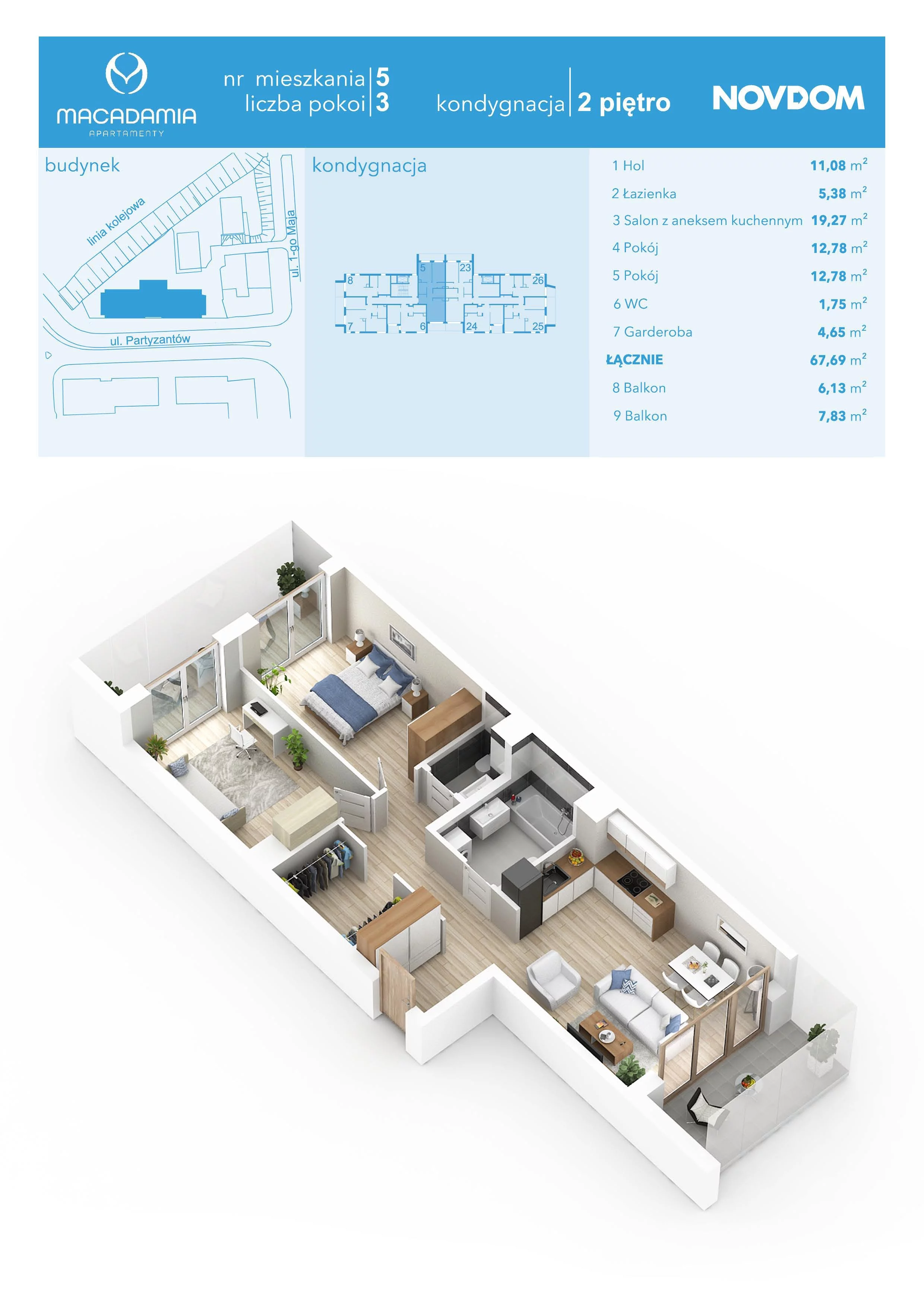 3 pokoje, apartament 67,69 m², piętro 2, oferta nr 1/5, Apartamenty Macadamia, Olsztyn, Śródmieście, ul. 1 Maja