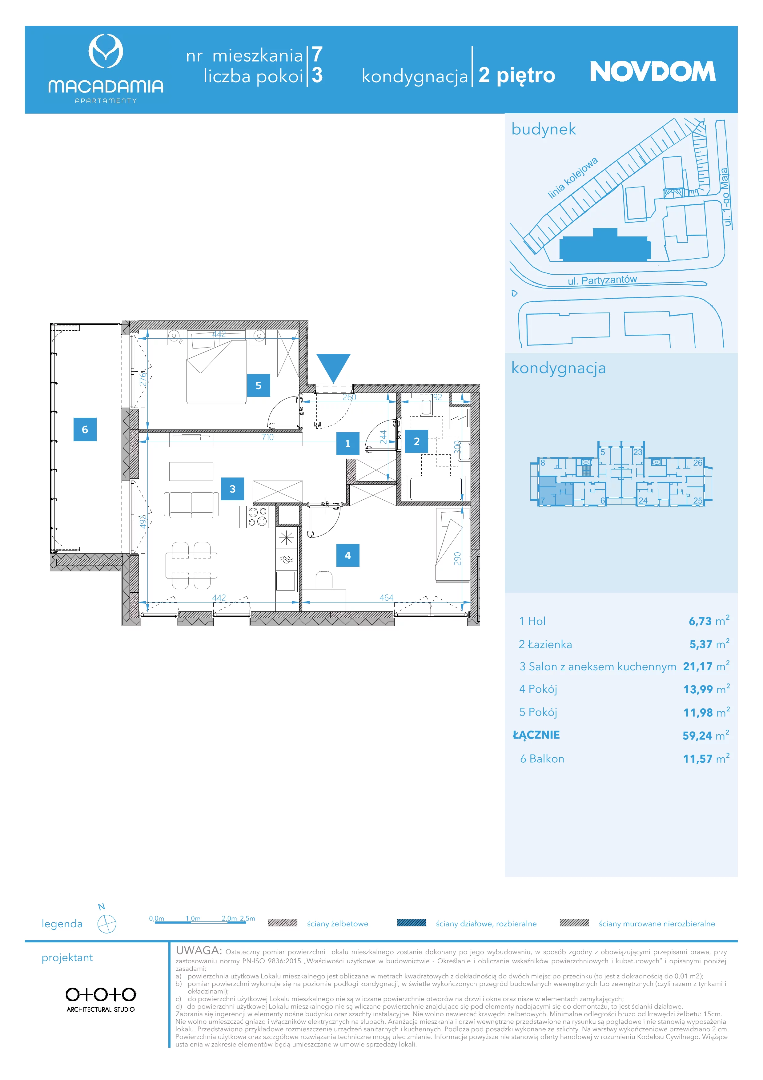 3 pokoje, apartament 59,24 m², piętro 2, oferta nr 1/7, Apartamenty Macadamia, Olsztyn, Śródmieście, ul. 1 Maja
