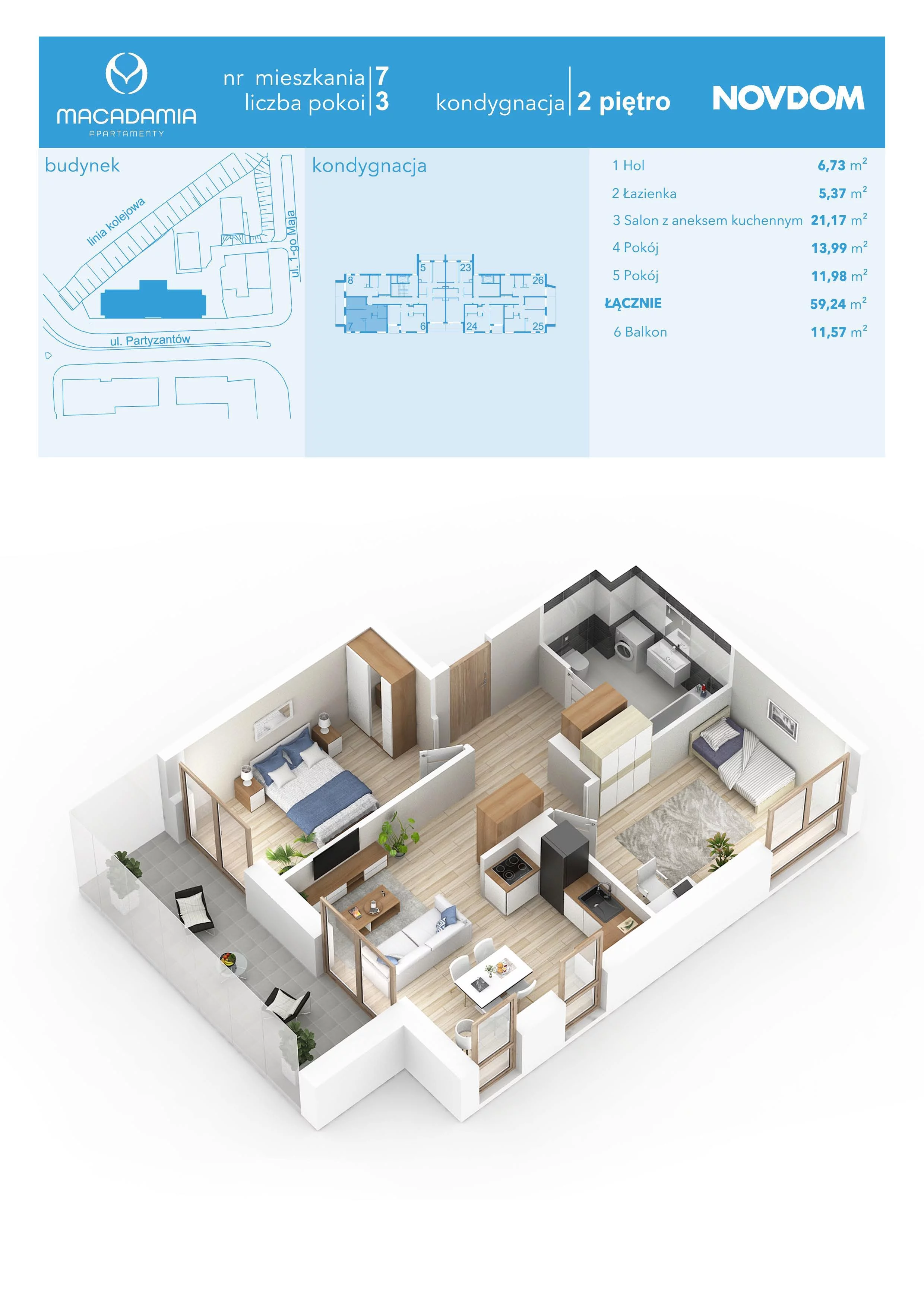 3 pokoje, apartament 59,24 m², piętro 2, oferta nr 1/7, Apartamenty Macadamia, Olsztyn, Śródmieście, ul. 1 Maja