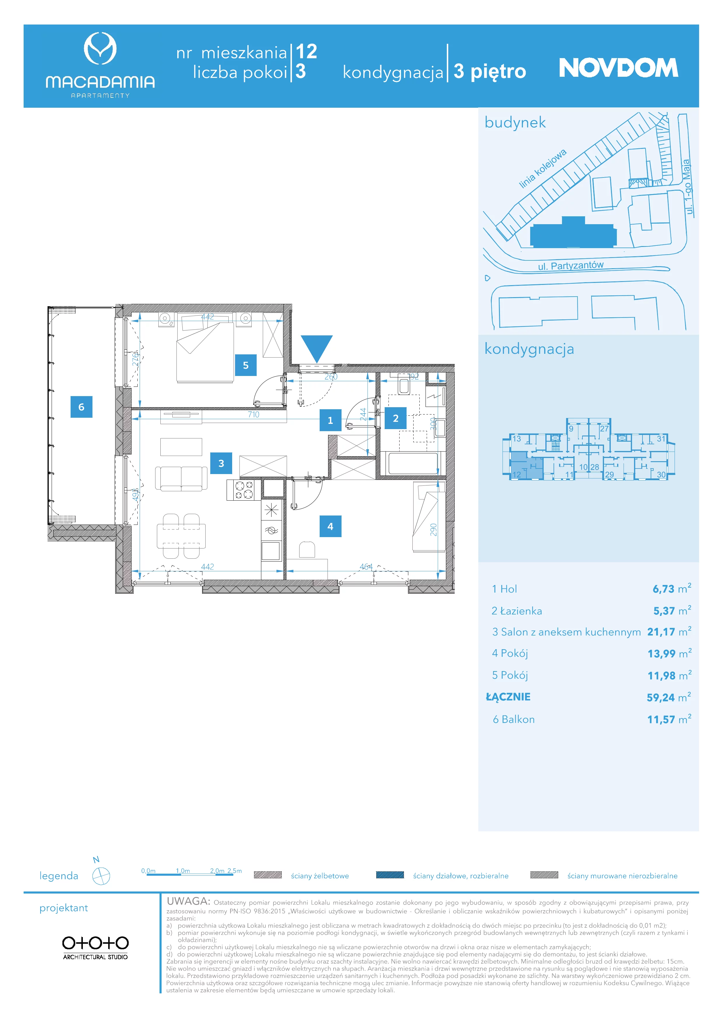 3 pokoje, apartament 59,24 m², piętro 3, oferta nr 1/12, Apartamenty Macadamia, Olsztyn, Śródmieście, ul. 1 Maja