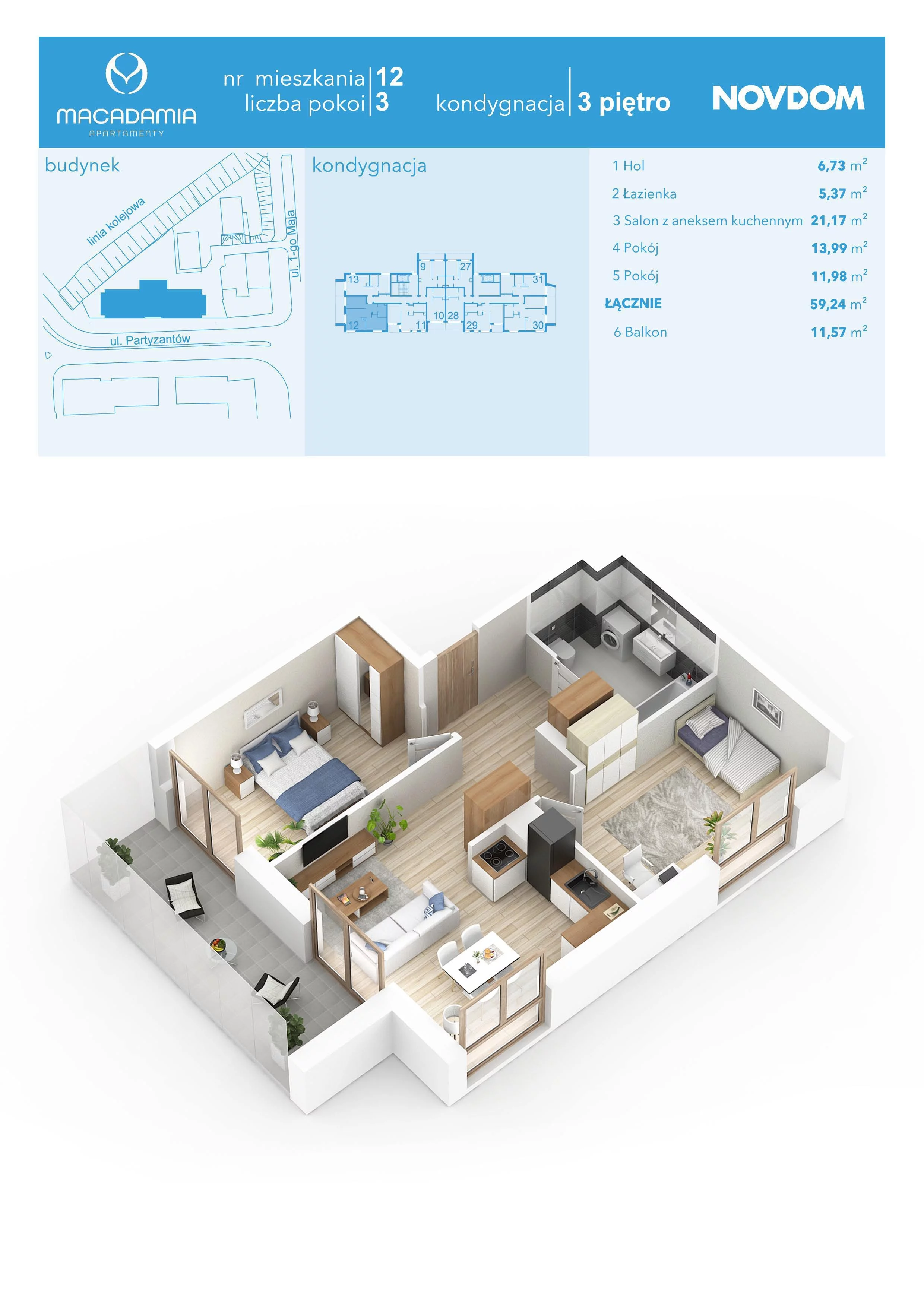 3 pokoje, apartament 59,24 m², piętro 3, oferta nr 1/12, Apartamenty Macadamia, Olsztyn, Śródmieście, ul. 1 Maja
