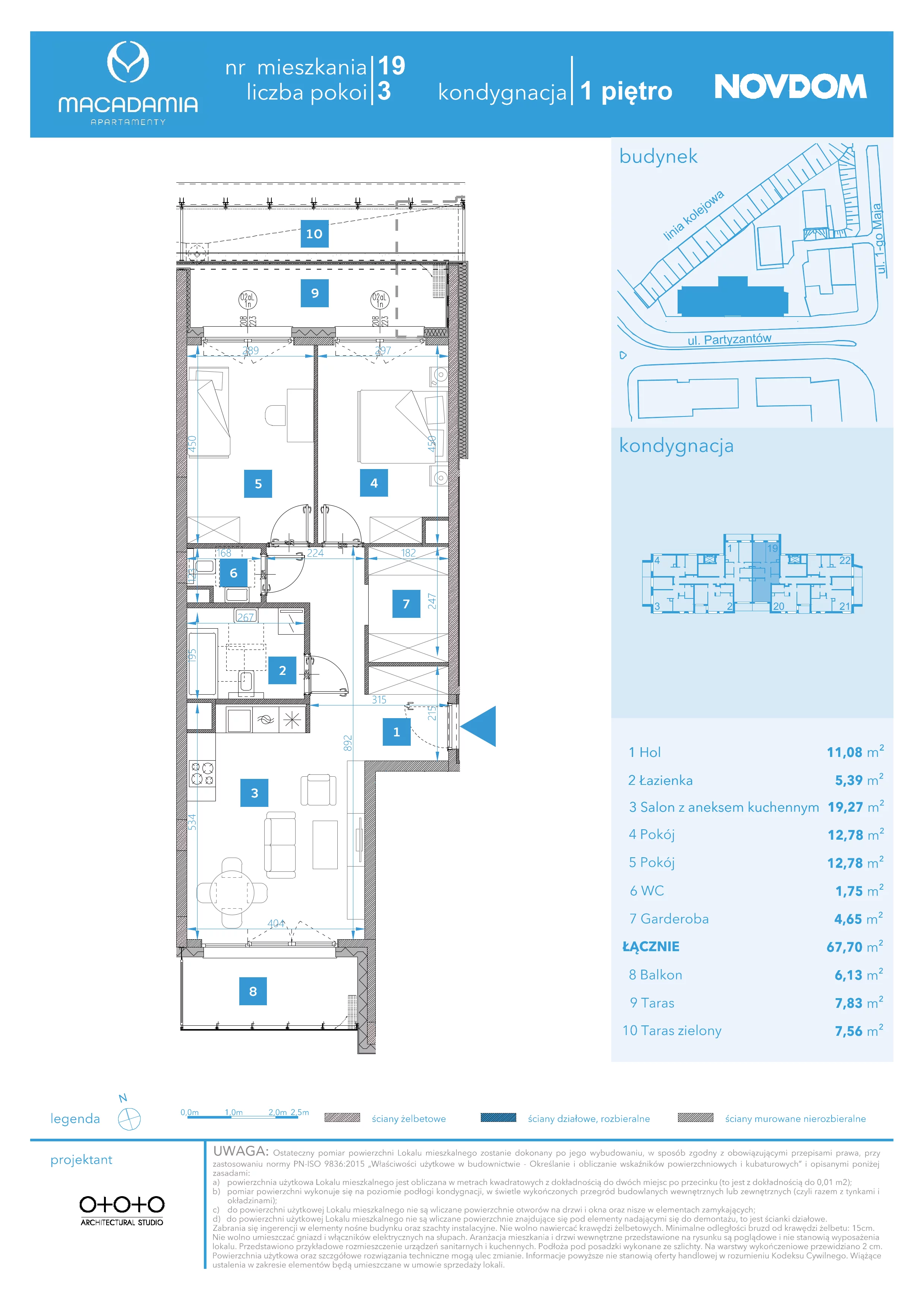 3 pokoje, apartament 67,70 m², piętro 1, oferta nr 1/19, Apartamenty Macadamia, Olsztyn, Śródmieście, ul. 1 Maja