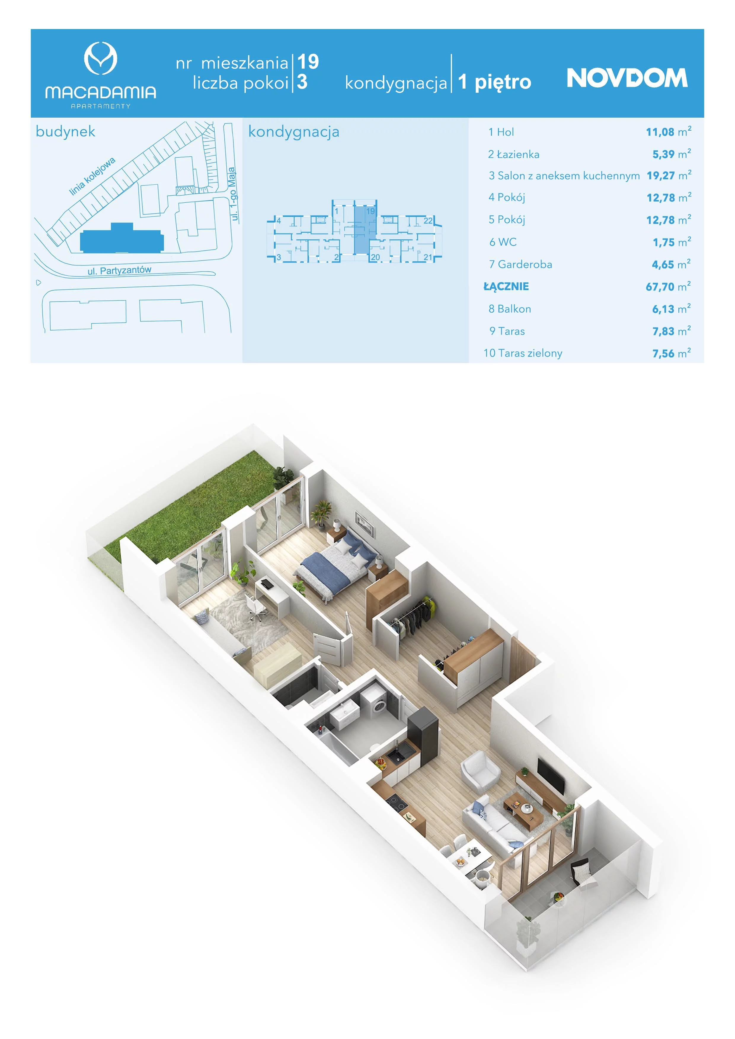 3 pokoje, apartament 67,70 m², piętro 1, oferta nr 1/19, Apartamenty Macadamia, Olsztyn, Śródmieście, ul. 1 Maja