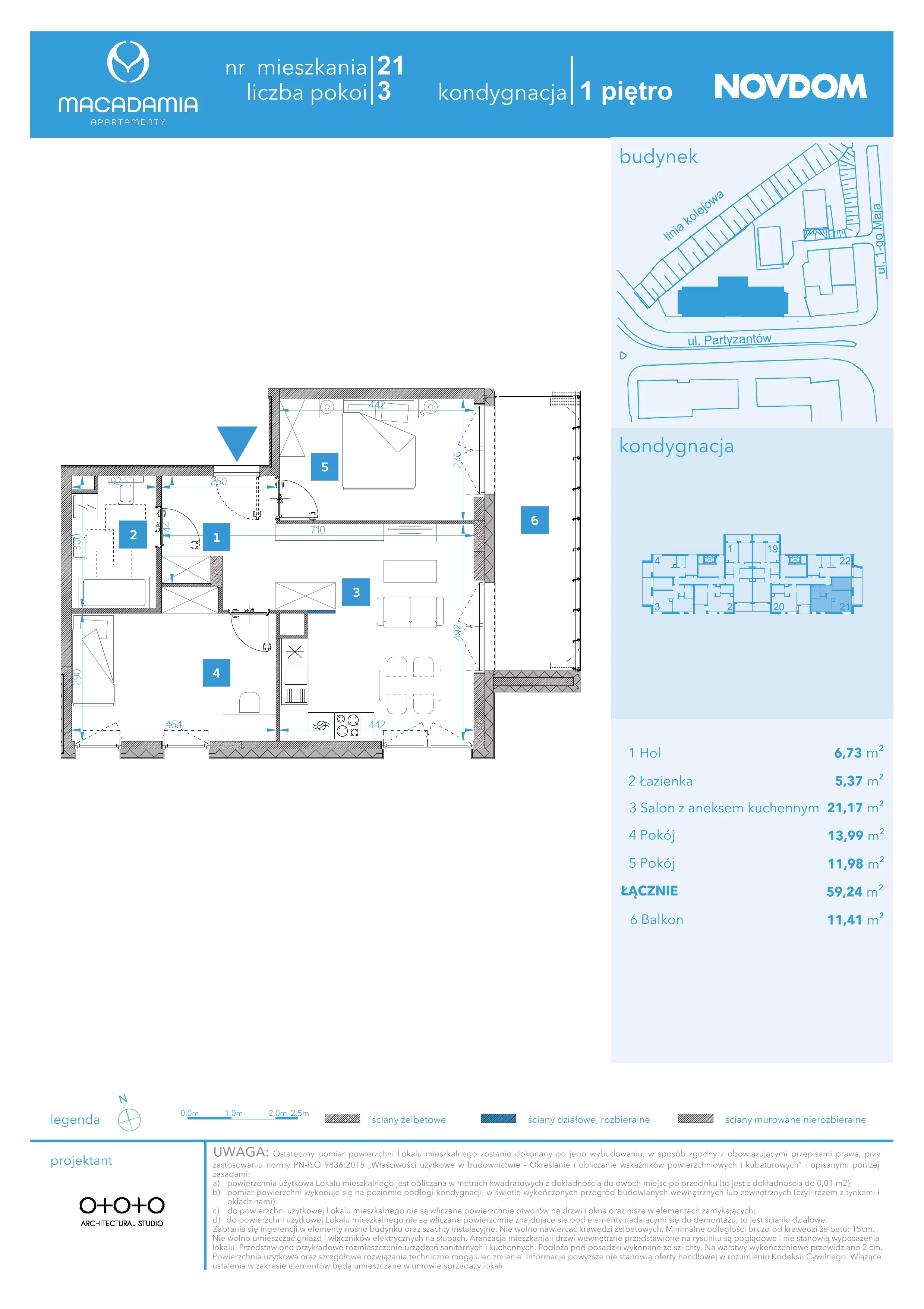 3 pokoje, apartament 59,24 m², piętro 1, oferta nr 1/21, Apartamenty Macadamia, Olsztyn, Śródmieście, ul. 1 Maja