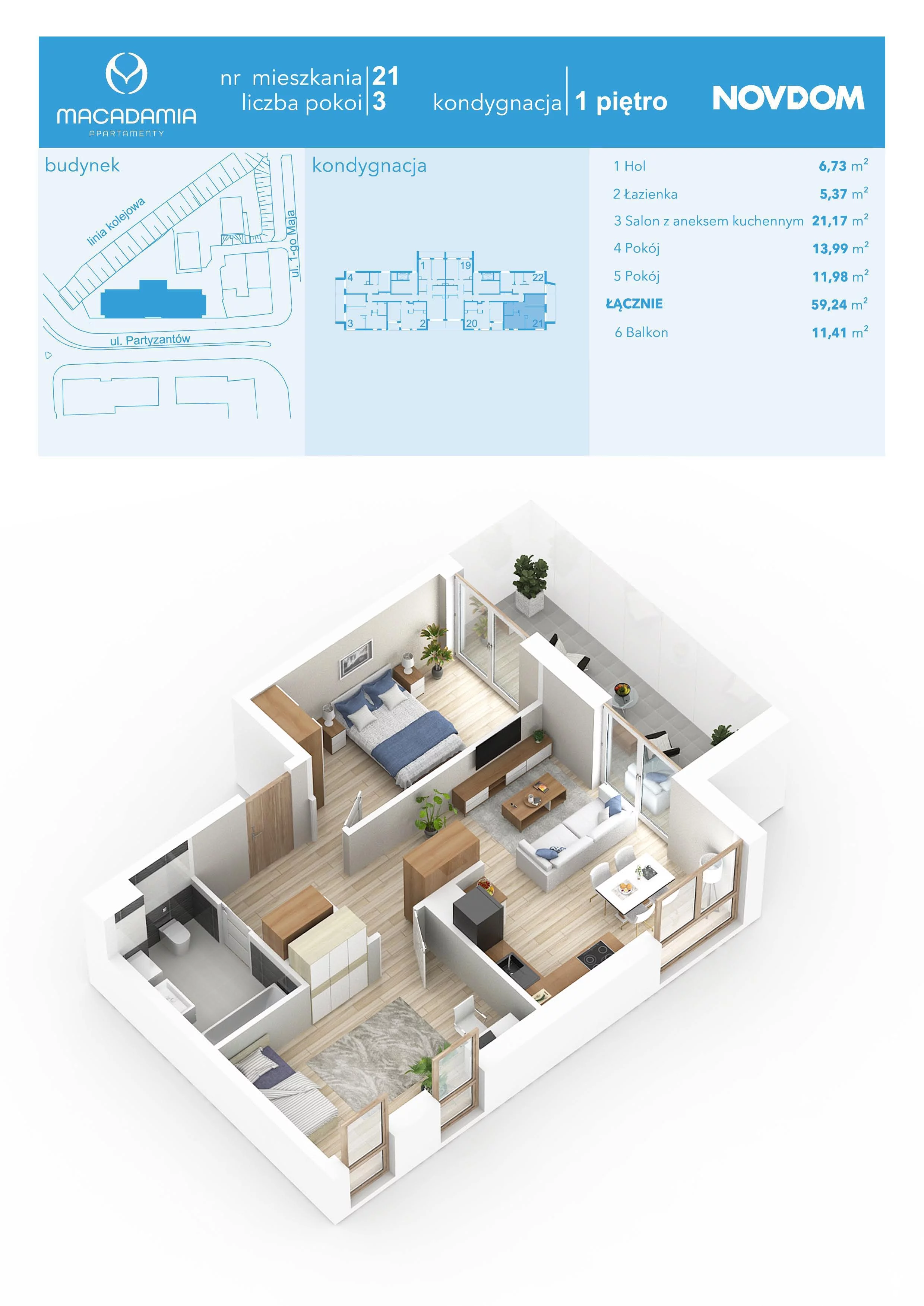 3 pokoje, apartament 59,24 m², piętro 1, oferta nr 1/21, Apartamenty Macadamia, Olsztyn, Śródmieście, ul. 1 Maja