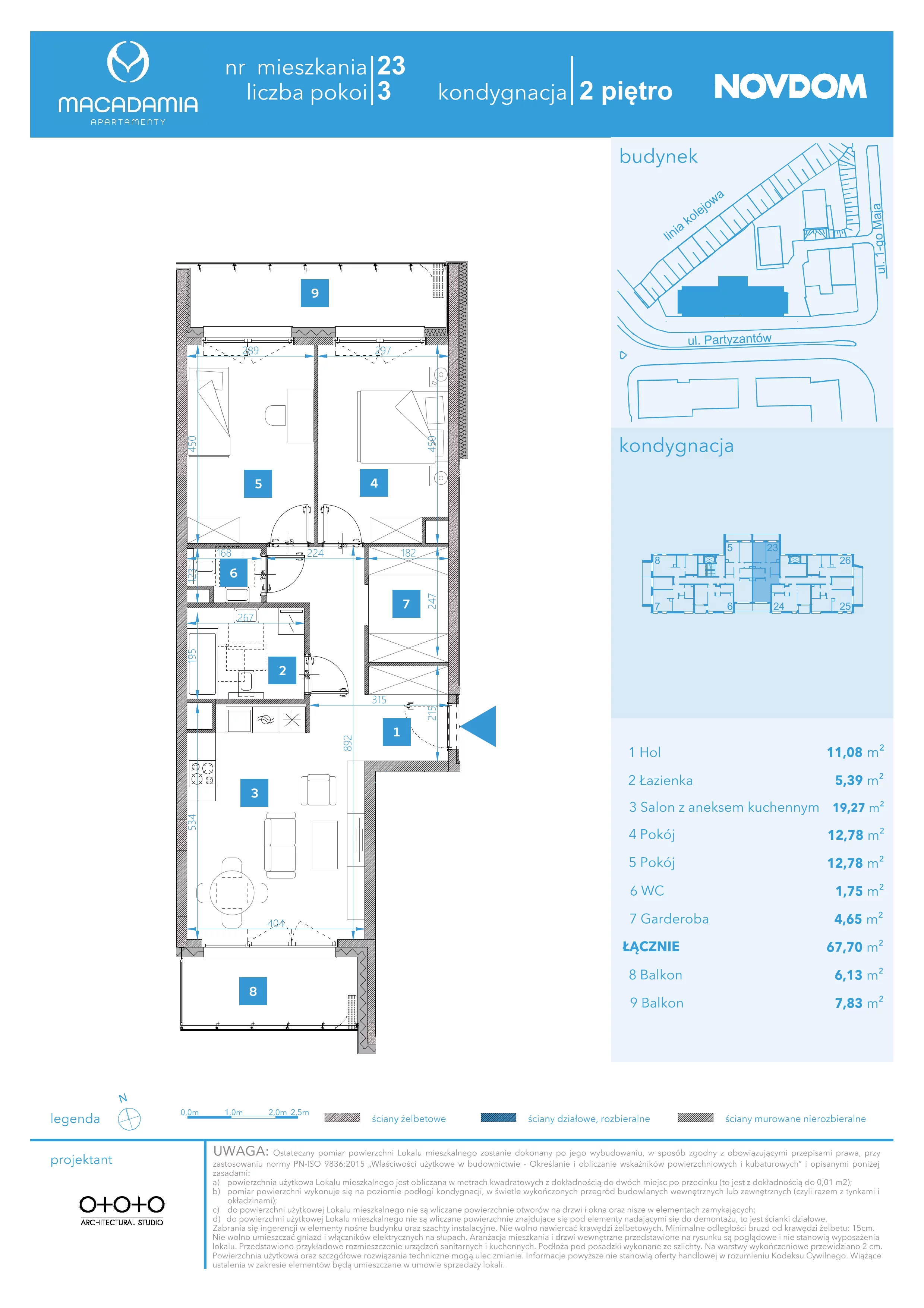3 pokoje, apartament 67,70 m², piętro 2, oferta nr 1/23, Apartamenty Macadamia, Olsztyn, Śródmieście, ul. 1 Maja
