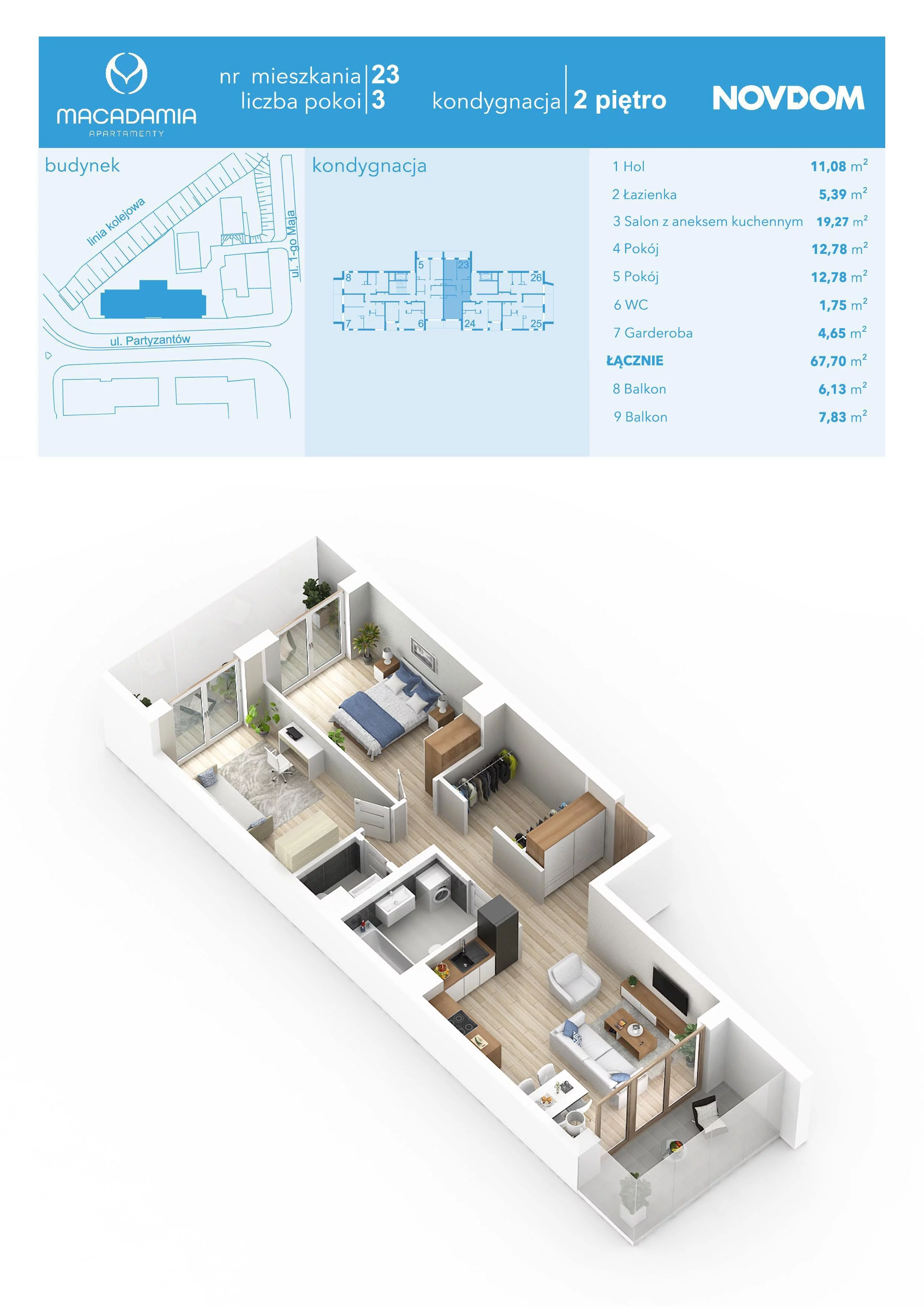 3 pokoje, apartament 67,70 m², piętro 2, oferta nr 1/23, Apartamenty Macadamia, Olsztyn, Śródmieście, ul. 1 Maja