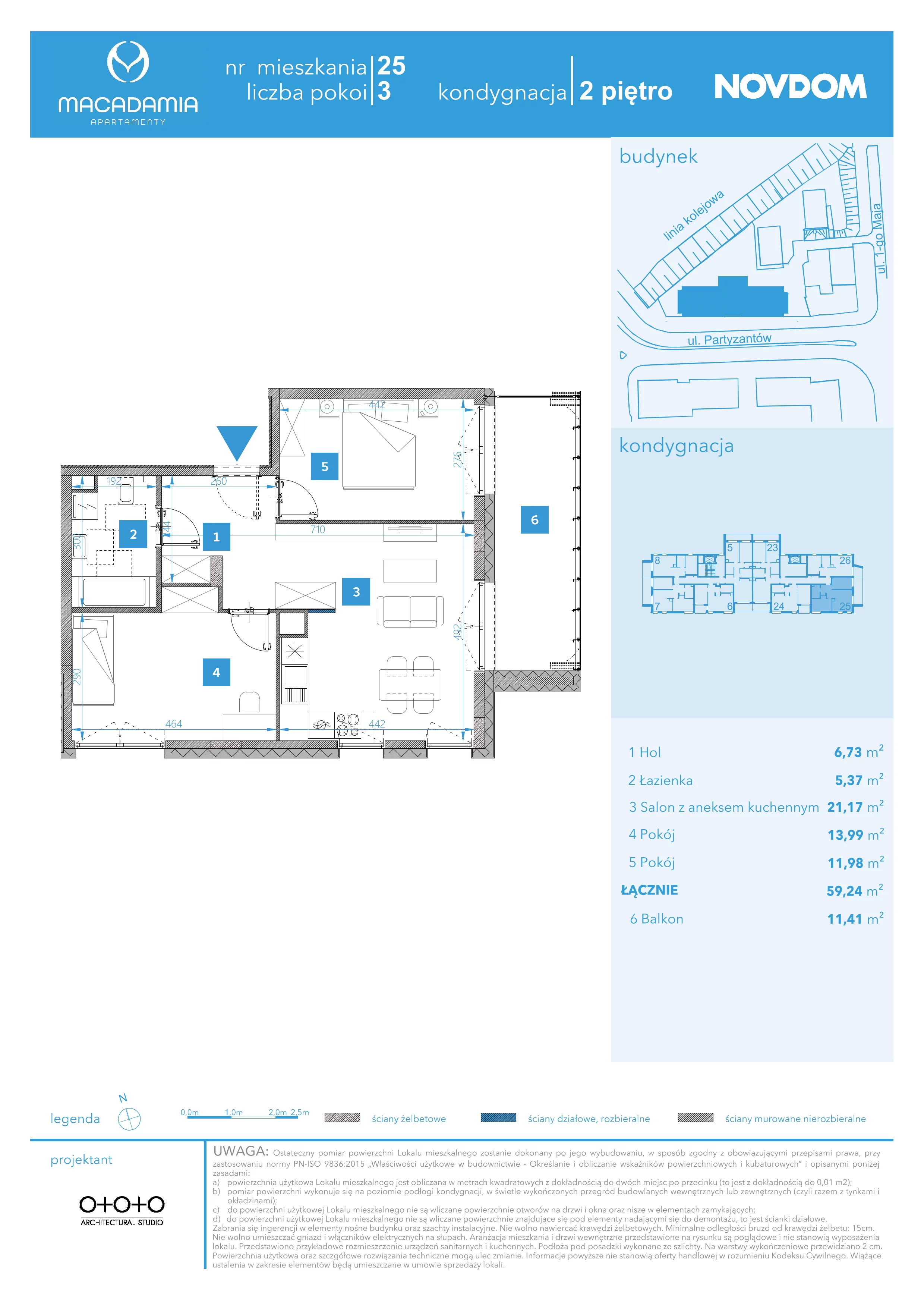3 pokoje, apartament 59,24 m², piętro 2, oferta nr 1/25, Apartamenty Macadamia, Olsztyn, Śródmieście, ul. 1 Maja