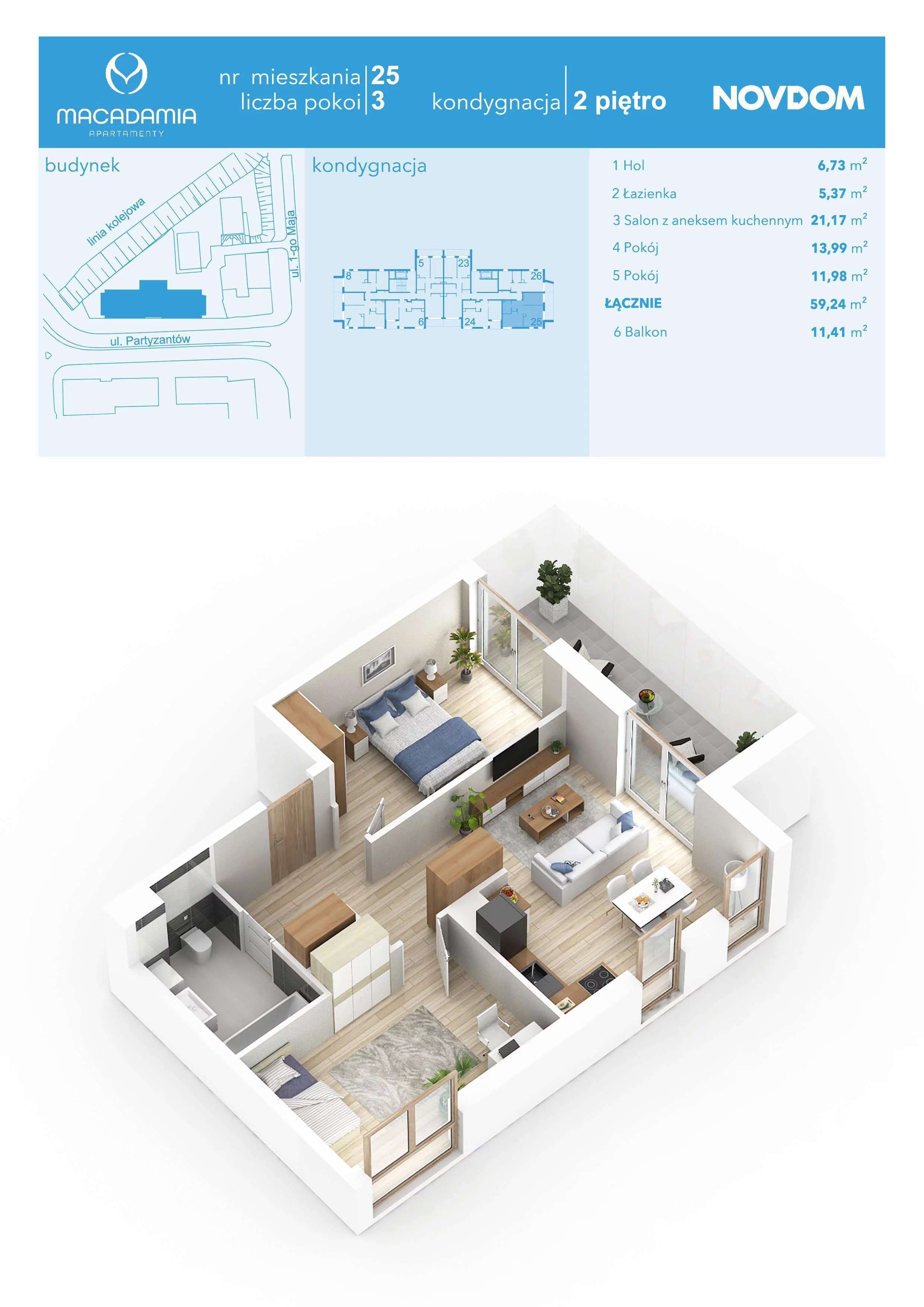 3 pokoje, apartament 59,24 m², piętro 2, oferta nr 1/25, Apartamenty Macadamia, Olsztyn, Śródmieście, ul. 1 Maja
