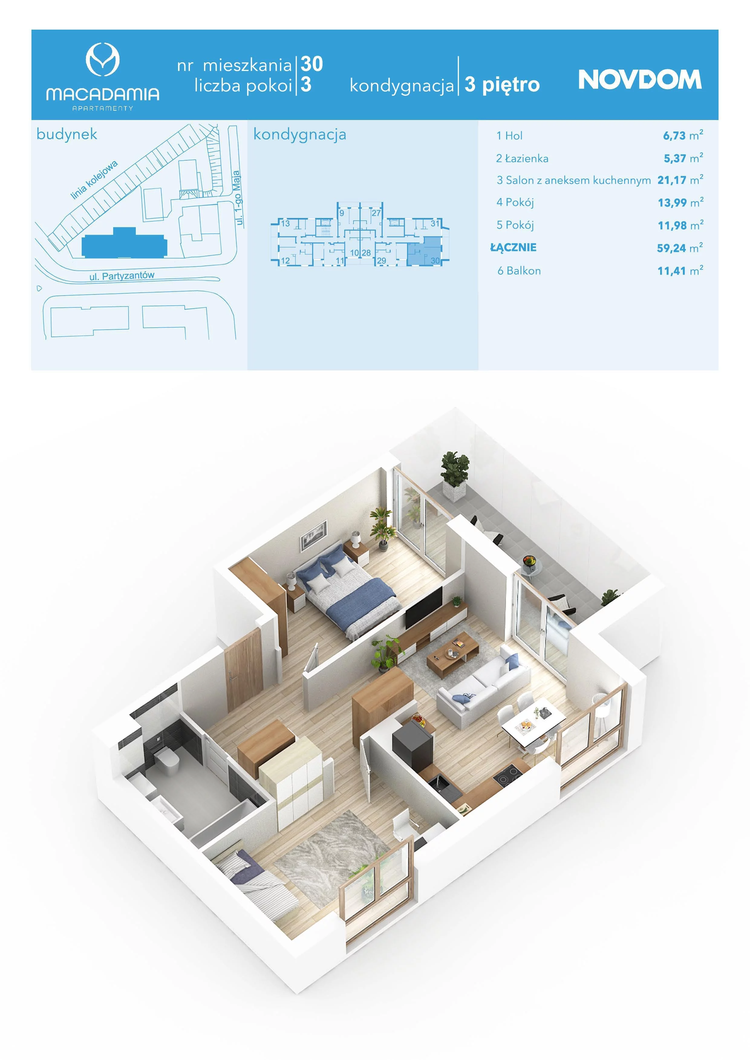 3 pokoje, apartament 59,24 m², piętro 3, oferta nr 1/30, Apartamenty Macadamia, Olsztyn, Śródmieście, ul. 1 Maja