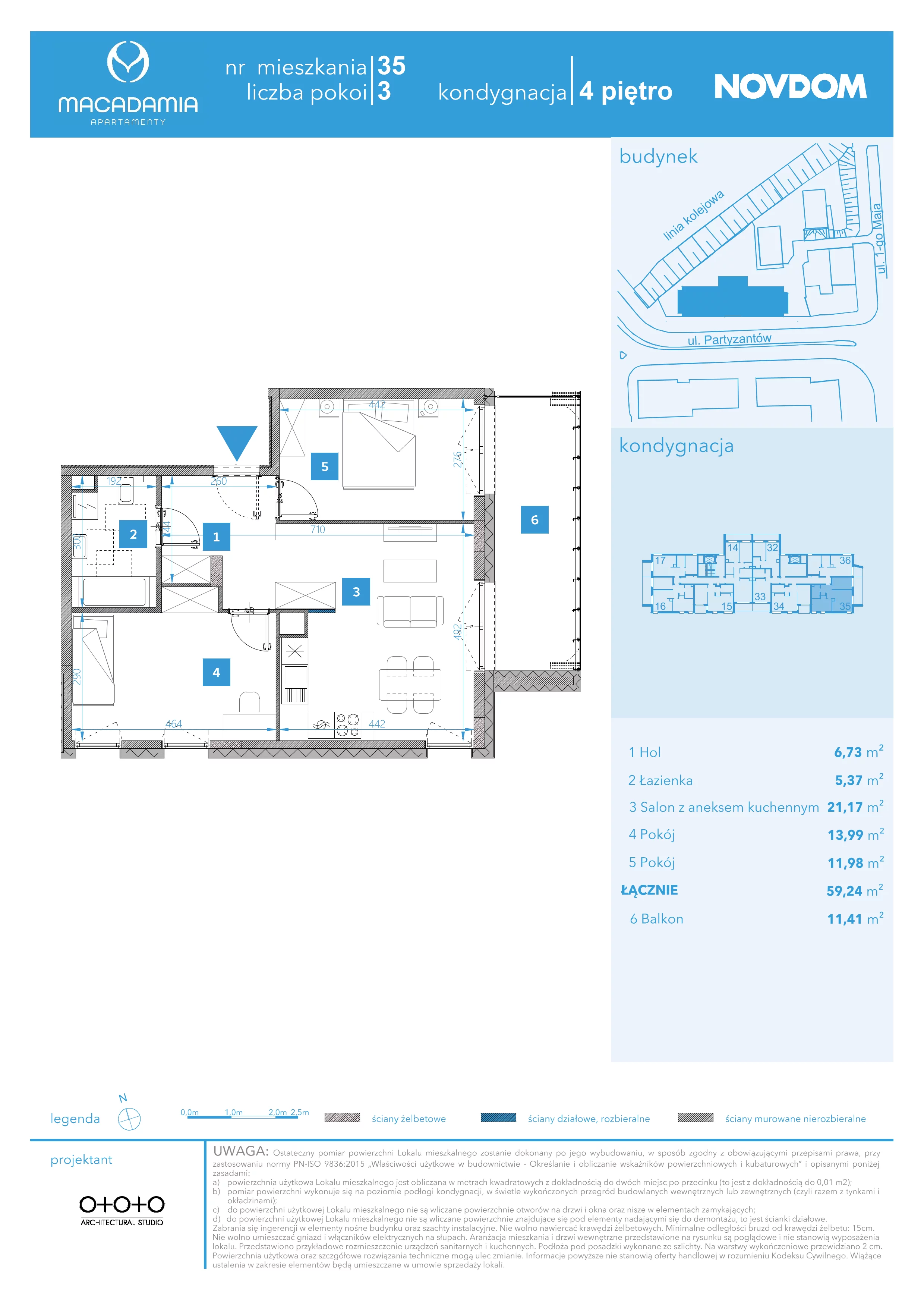 3 pokoje, apartament 59,24 m², piętro 4, oferta nr 1/35, Apartamenty Macadamia, Olsztyn, Śródmieście, ul. 1 Maja