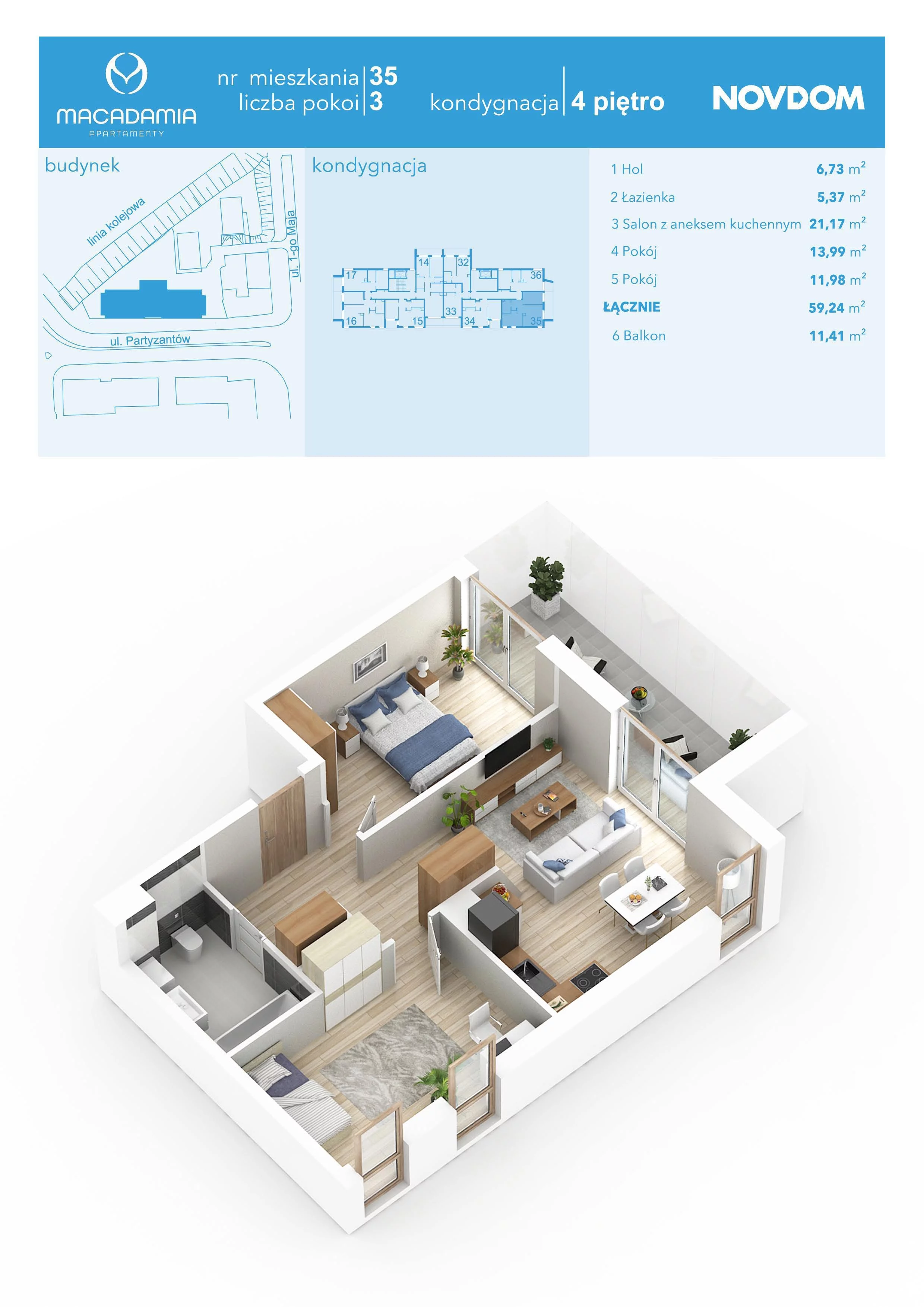 3 pokoje, apartament 59,24 m², piętro 4, oferta nr 1/35, Apartamenty Macadamia, Olsztyn, Śródmieście, ul. 1 Maja