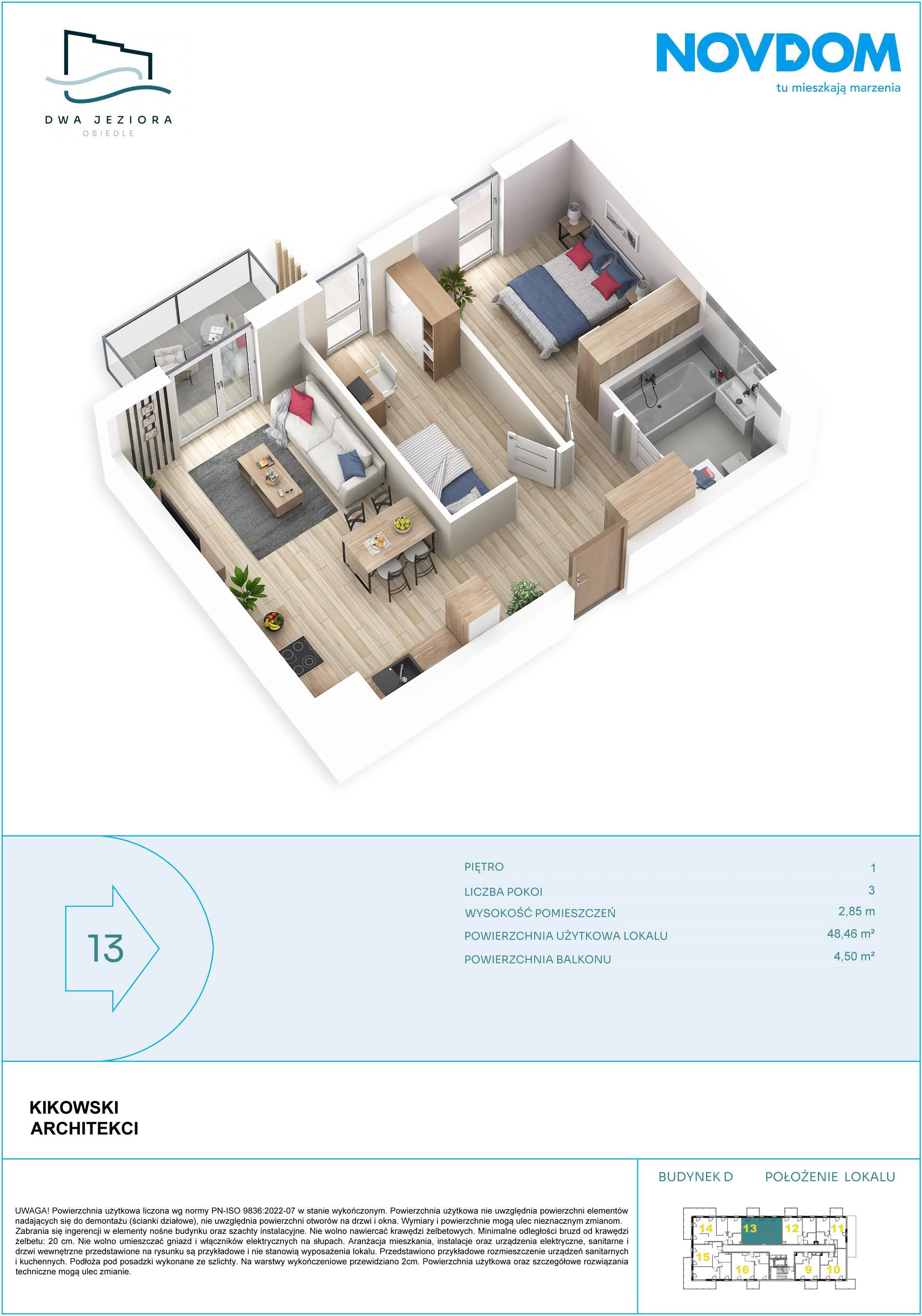 3 pokoje, apartament 48,46 m², piętro 1, oferta nr D/13, Dwa Jeziora CD, Olsztyn, Gutkowo, ul. Bałtycka