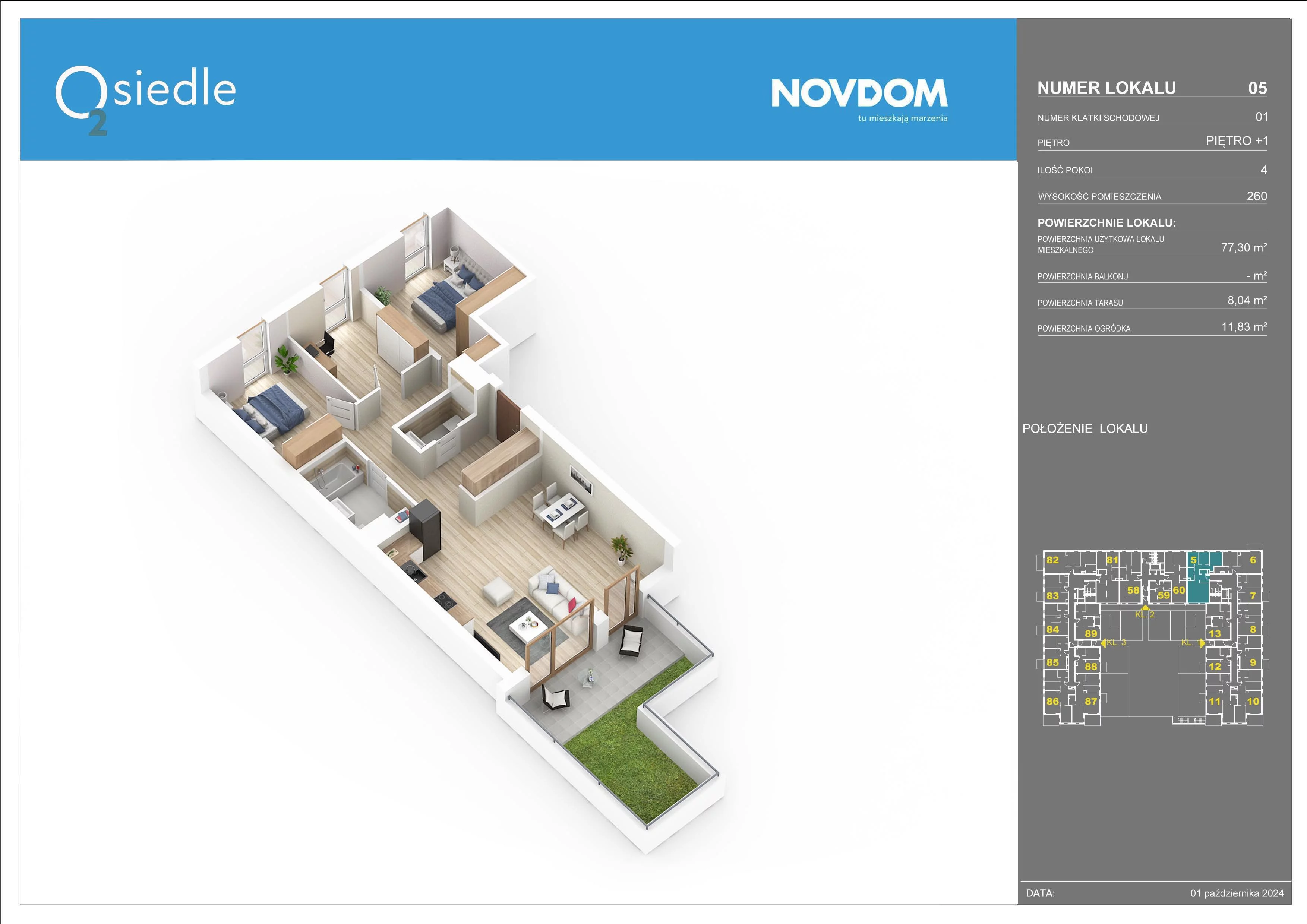 3 pokoje, apartament 77,30 m², piętro 1, oferta nr B/5, Osiedle O2, Płońsk, ul. Klonowa