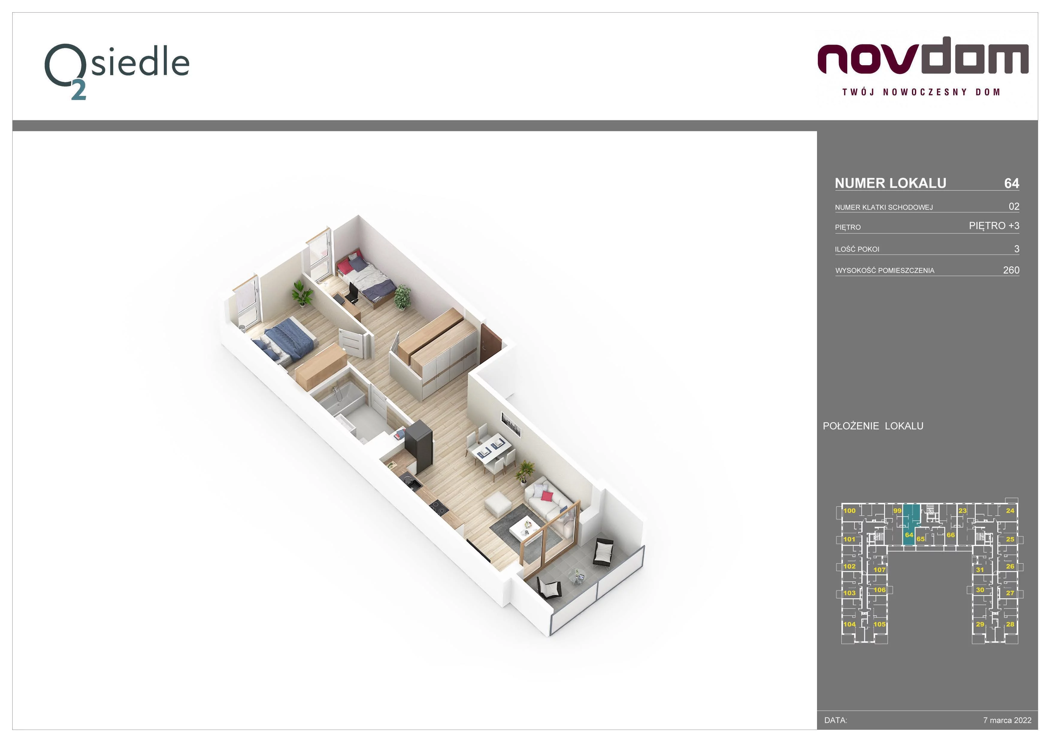 3 pokoje, apartament 56,55 m², piętro 3, oferta nr B/64, Osiedle O2, Płońsk, ul. Klonowa