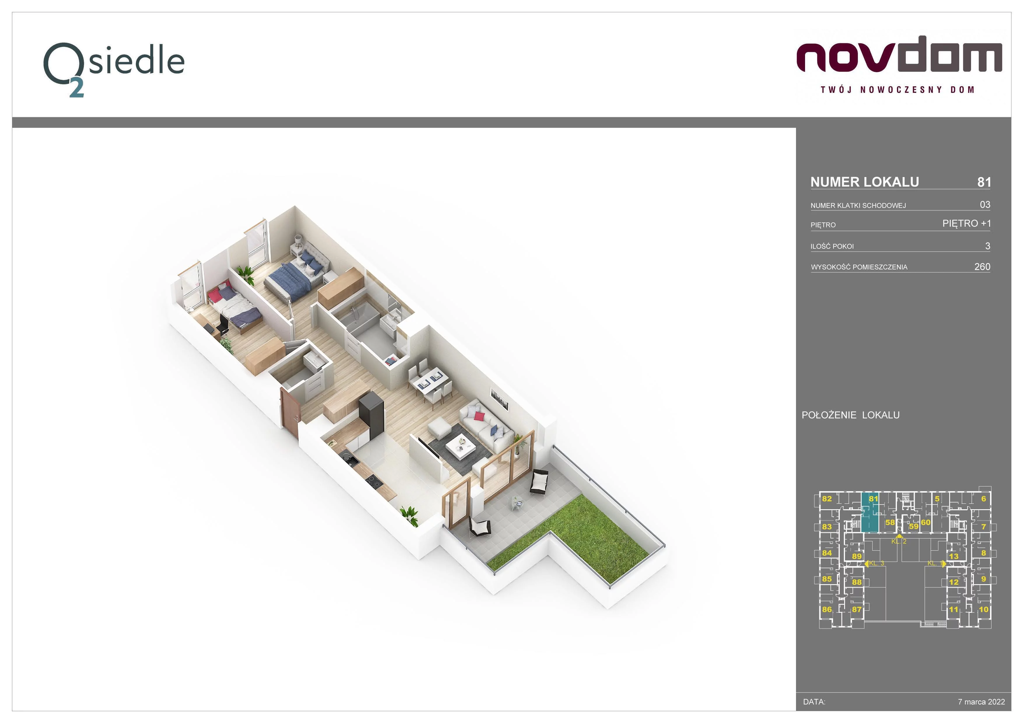 3 pokoje, apartament 65,29 m², piętro 1, oferta nr B/81, Osiedle O2, Płońsk, ul. Klonowa