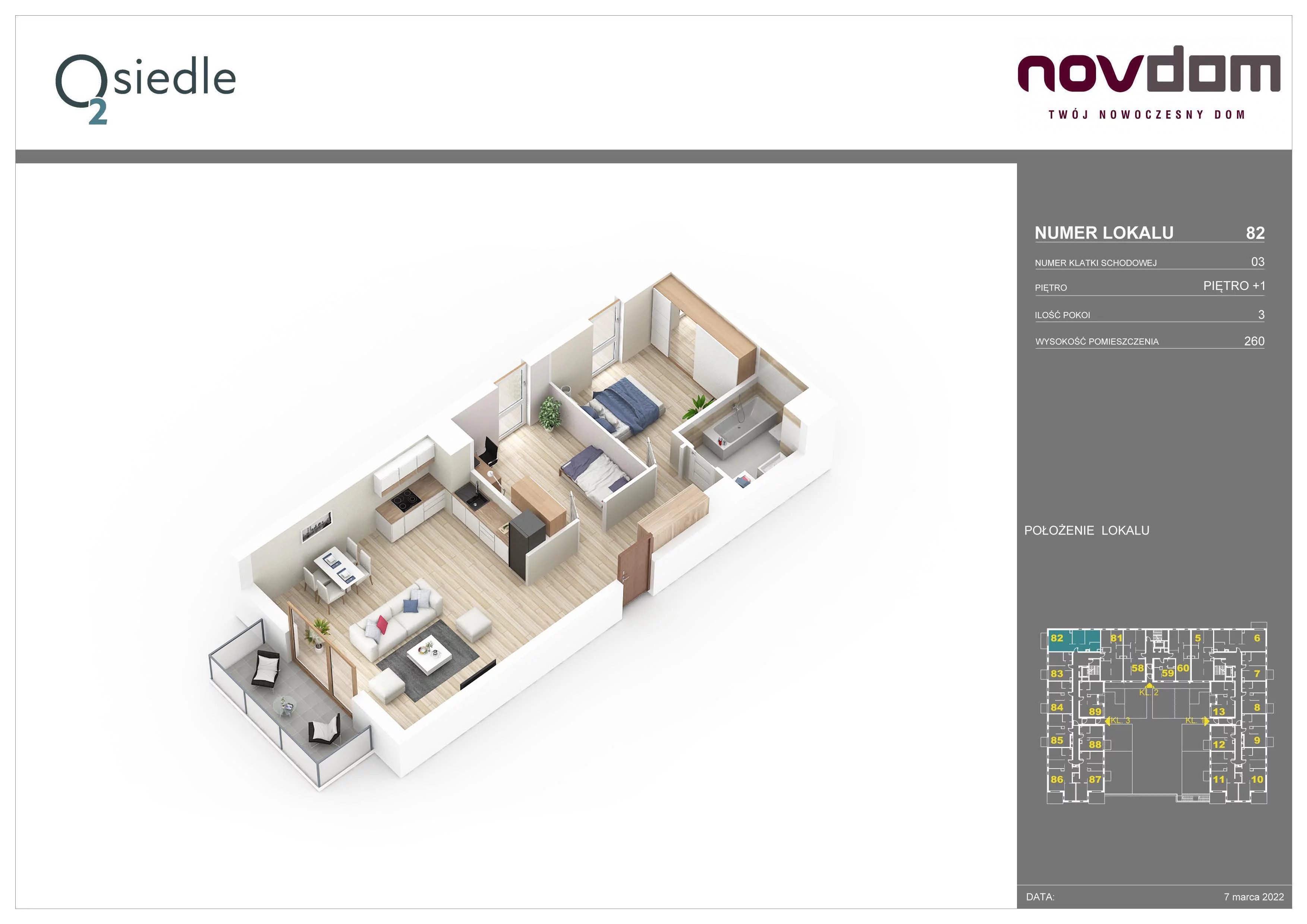3 pokoje, apartament 66,54 m², piętro 1, oferta nr B/82, Osiedle O2, Płońsk, ul. Klonowa