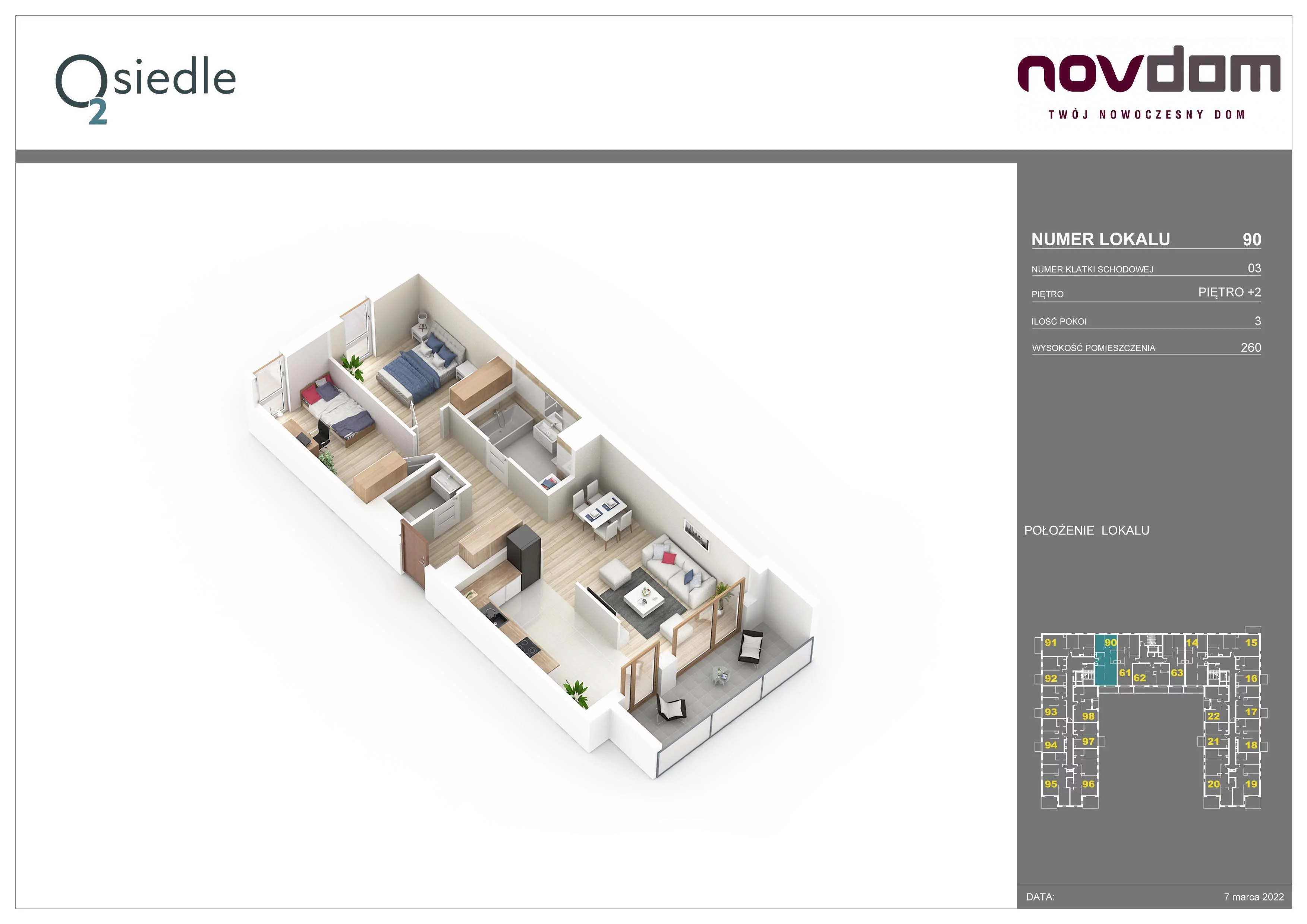 3 pokoje, apartament 65,29 m², piętro 2, oferta nr B/90, Osiedle O2, Płońsk, ul. Klonowa