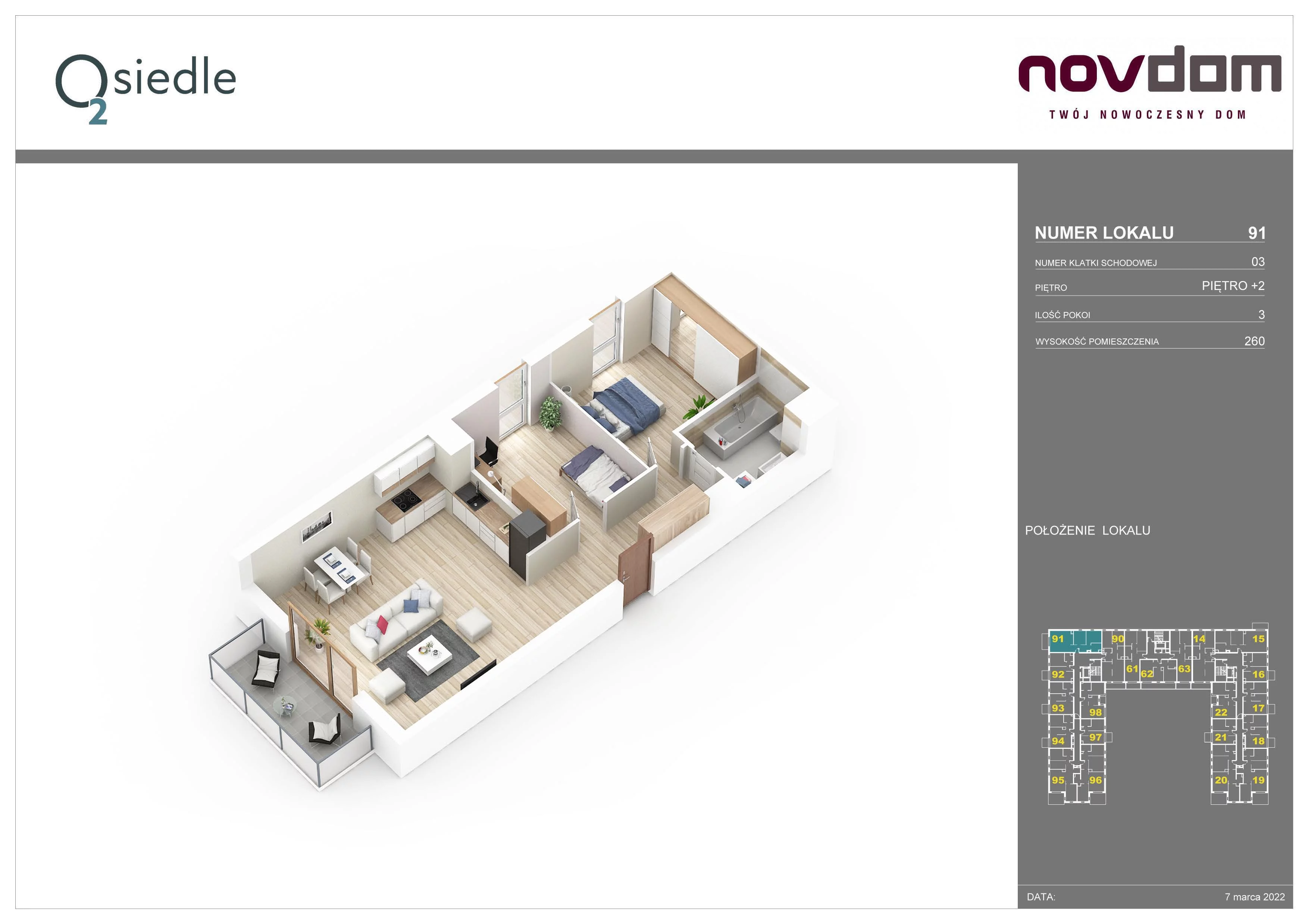 3 pokoje, apartament 66,54 m², piętro 2, oferta nr B/91, Osiedle O2, Płońsk, ul. Klonowa