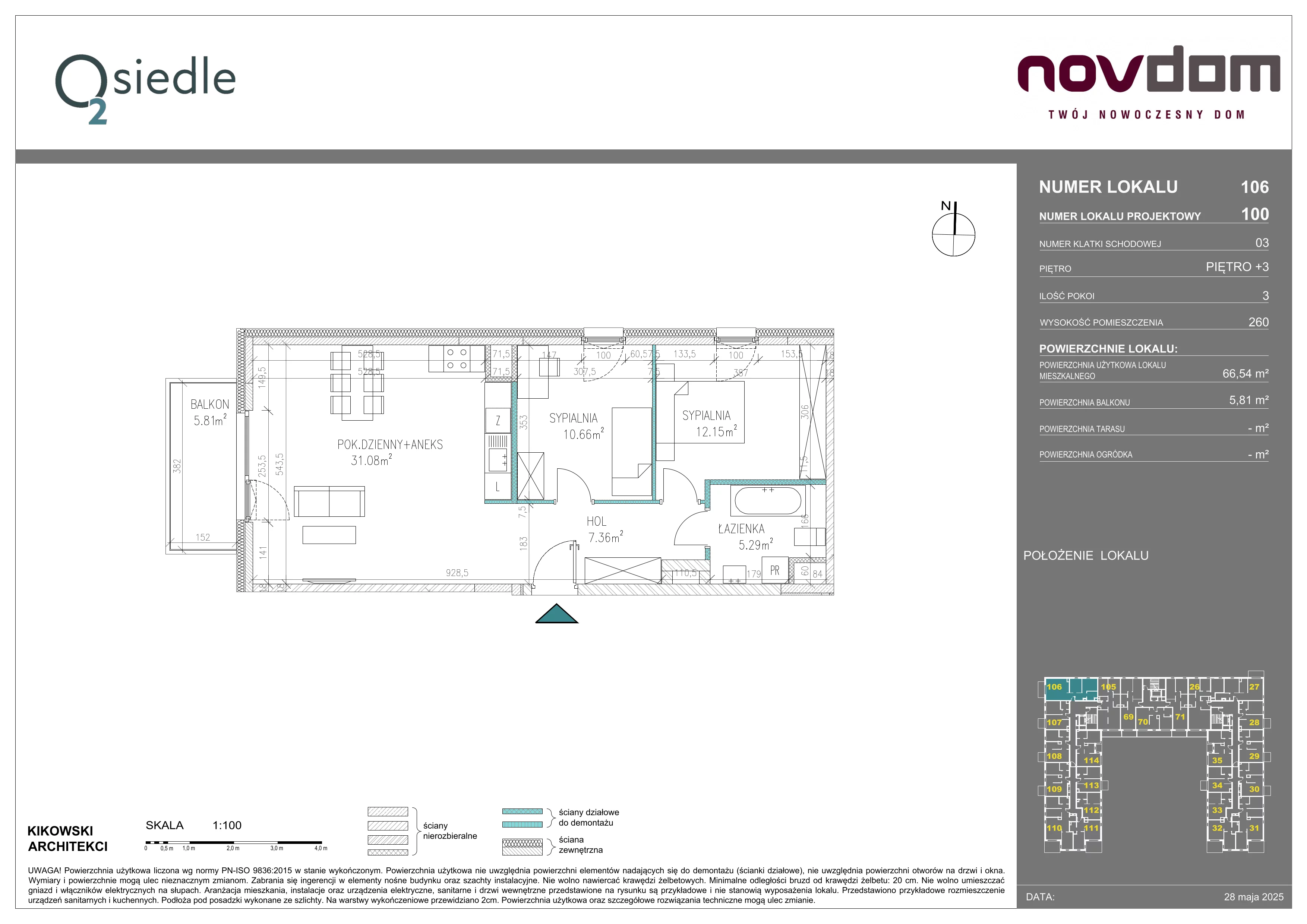 3 pokoje, apartament 66,54 m², piętro 3, oferta nr B/100, Osiedle O2, Płońsk, ul. Klonowa