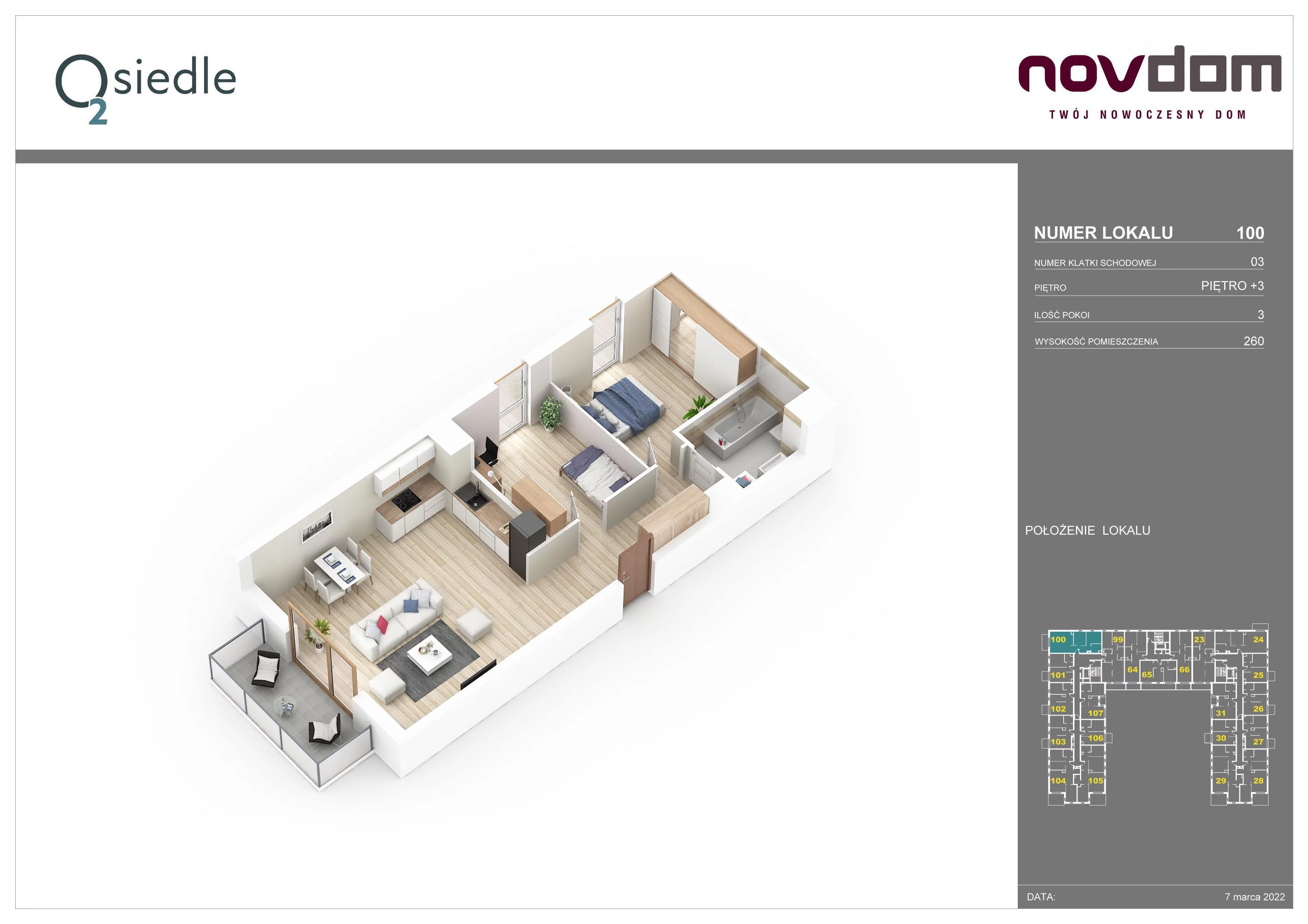 3 pokoje, apartament 66,54 m², piętro 3, oferta nr B/100, Osiedle O2, Płońsk, ul. Klonowa