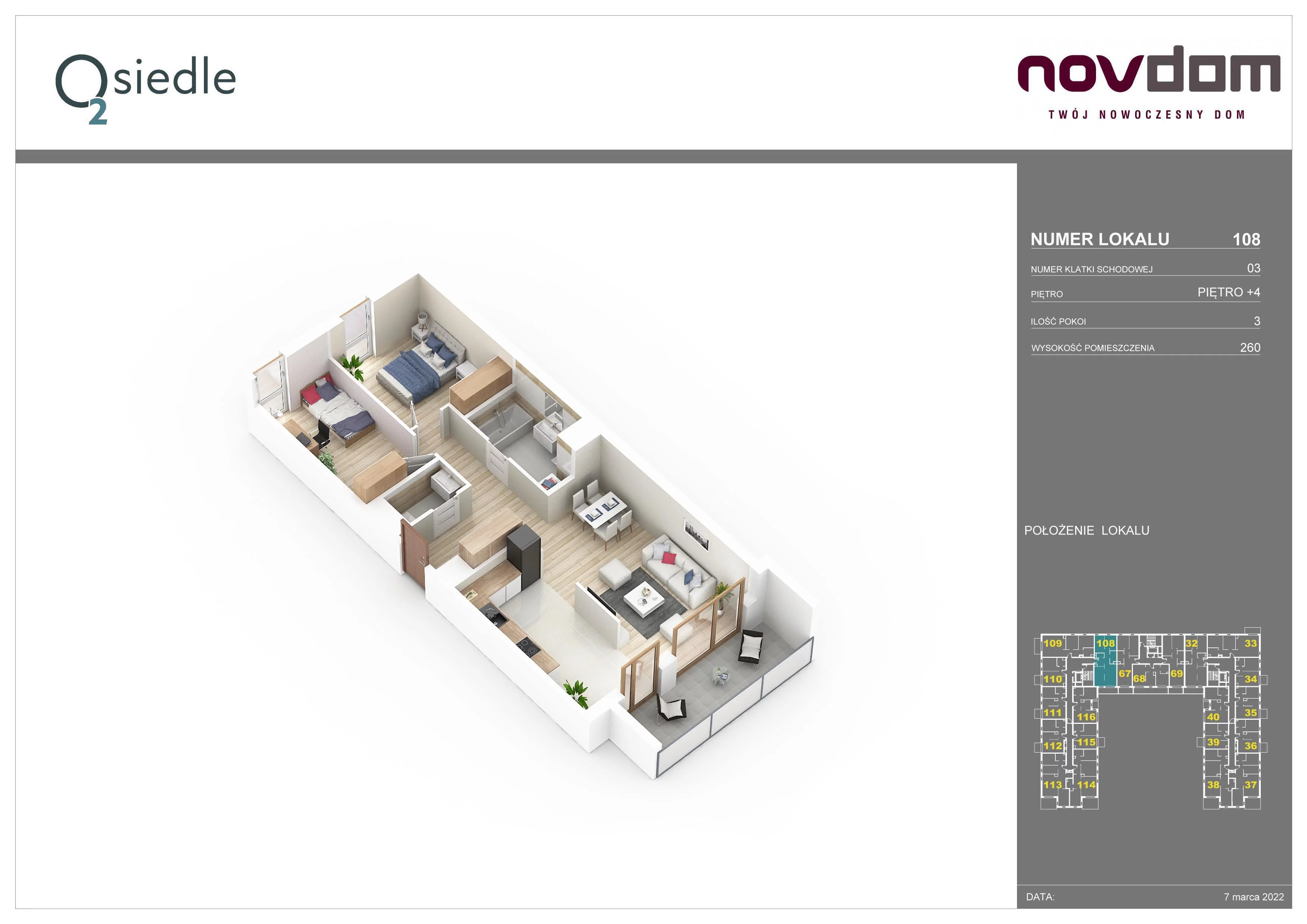 3 pokoje, apartament 65,29 m², piętro 4, oferta nr B/108, Osiedle O2, Płońsk, ul. Klonowa