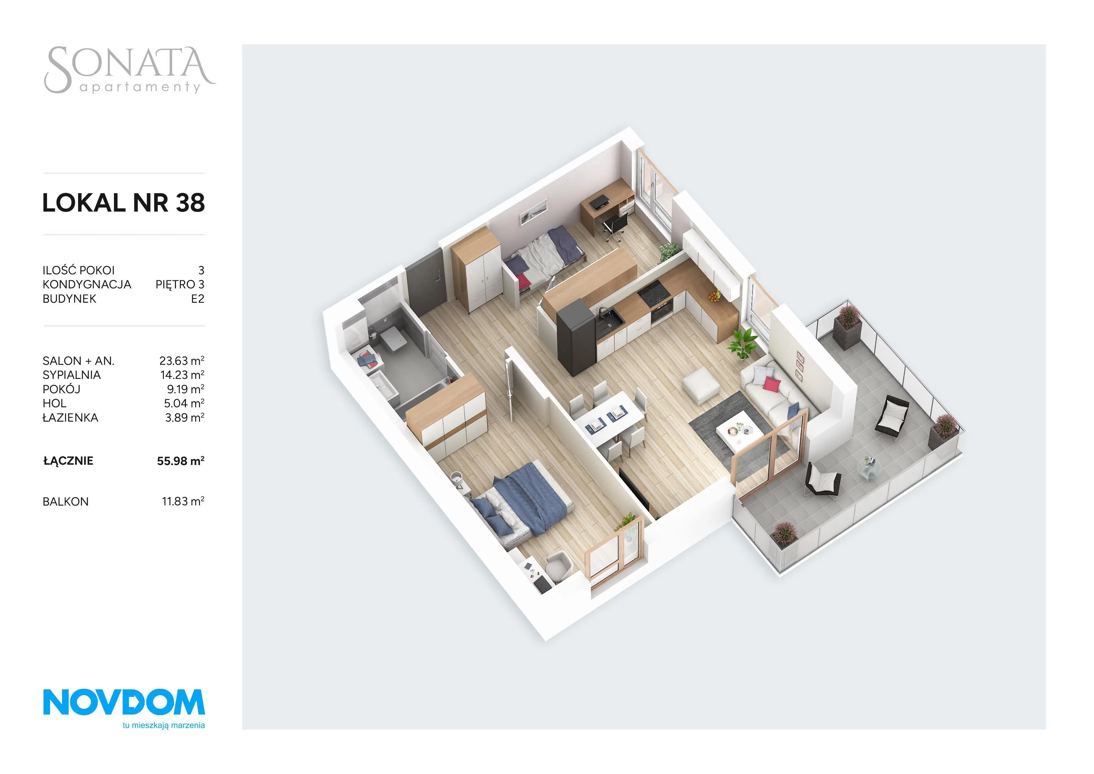 3 pokoje, apartament 55,98 m², piętro 3, oferta nr E2.38, Apartamenty Sonata III, Szczytno, ul. Lidzbarska