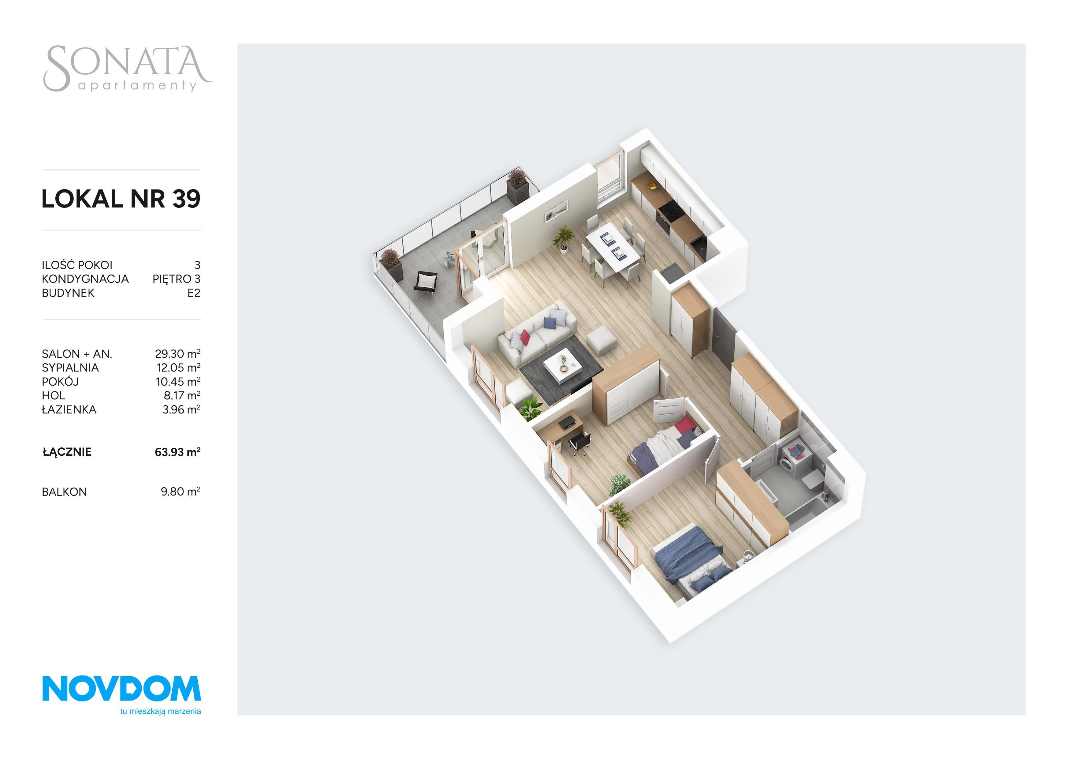 3 pokoje, apartament 63,93 m², piętro 3, oferta nr E2.39, Apartamenty Sonata III, Szczytno, ul. Lidzbarska
