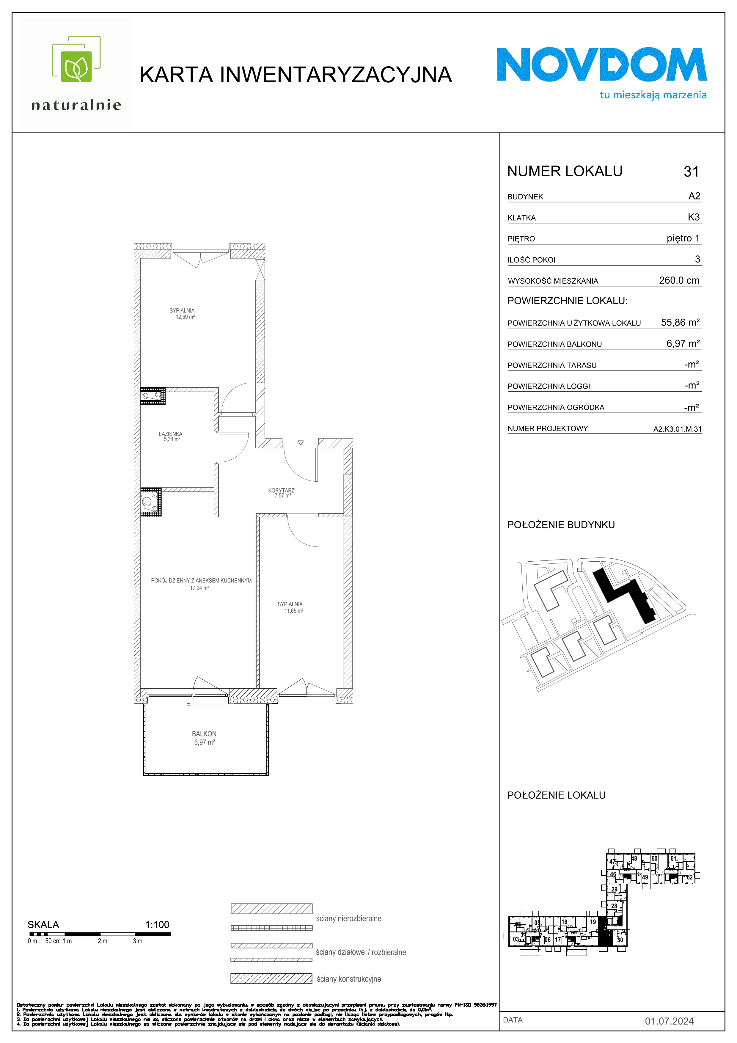 3 pokoje, apartament 55,98 m², piętro 1, oferta nr A2/31, Osiedle Naturalnie, Mława, ul. Nowowiejskiego
