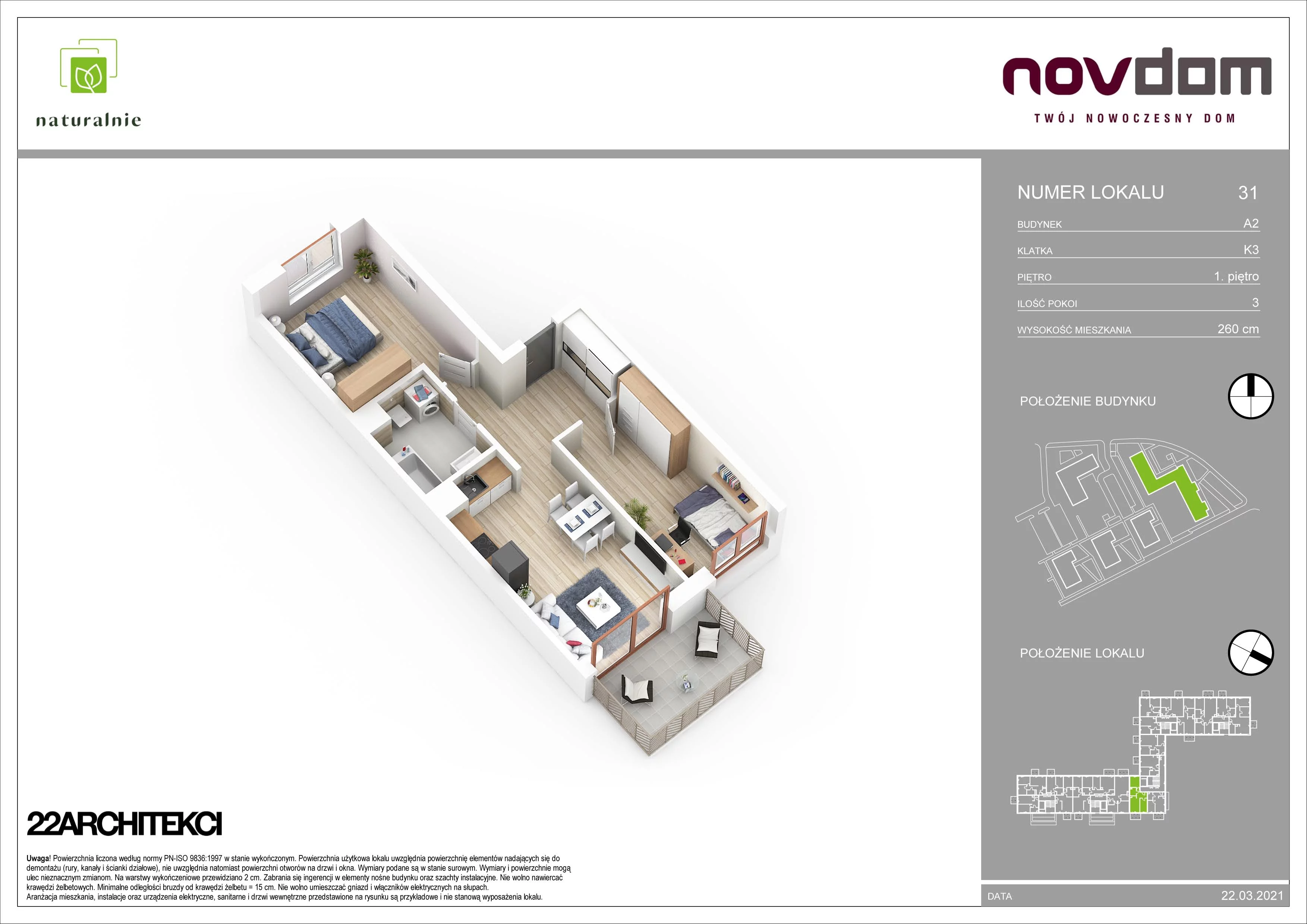 3 pokoje, apartament 55,98 m², piętro 1, oferta nr A2/31, Osiedle Naturalnie, Mława, ul. Nowowiejskiego