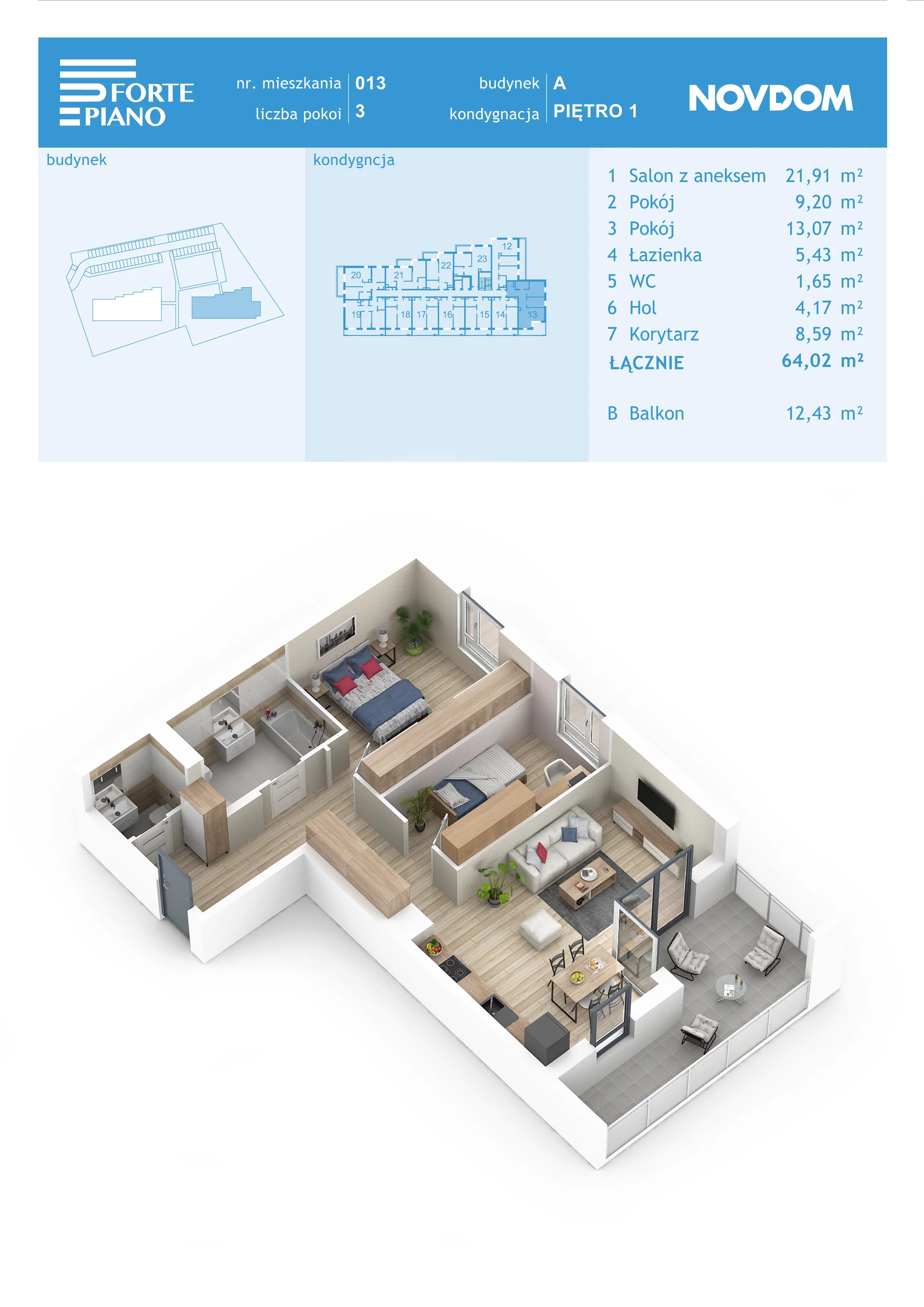 Apartament 64,02 m², piętro 1, oferta nr A/13, Forte Piano, Ostrołęka, ul. Ostrołęckich Harcerzy