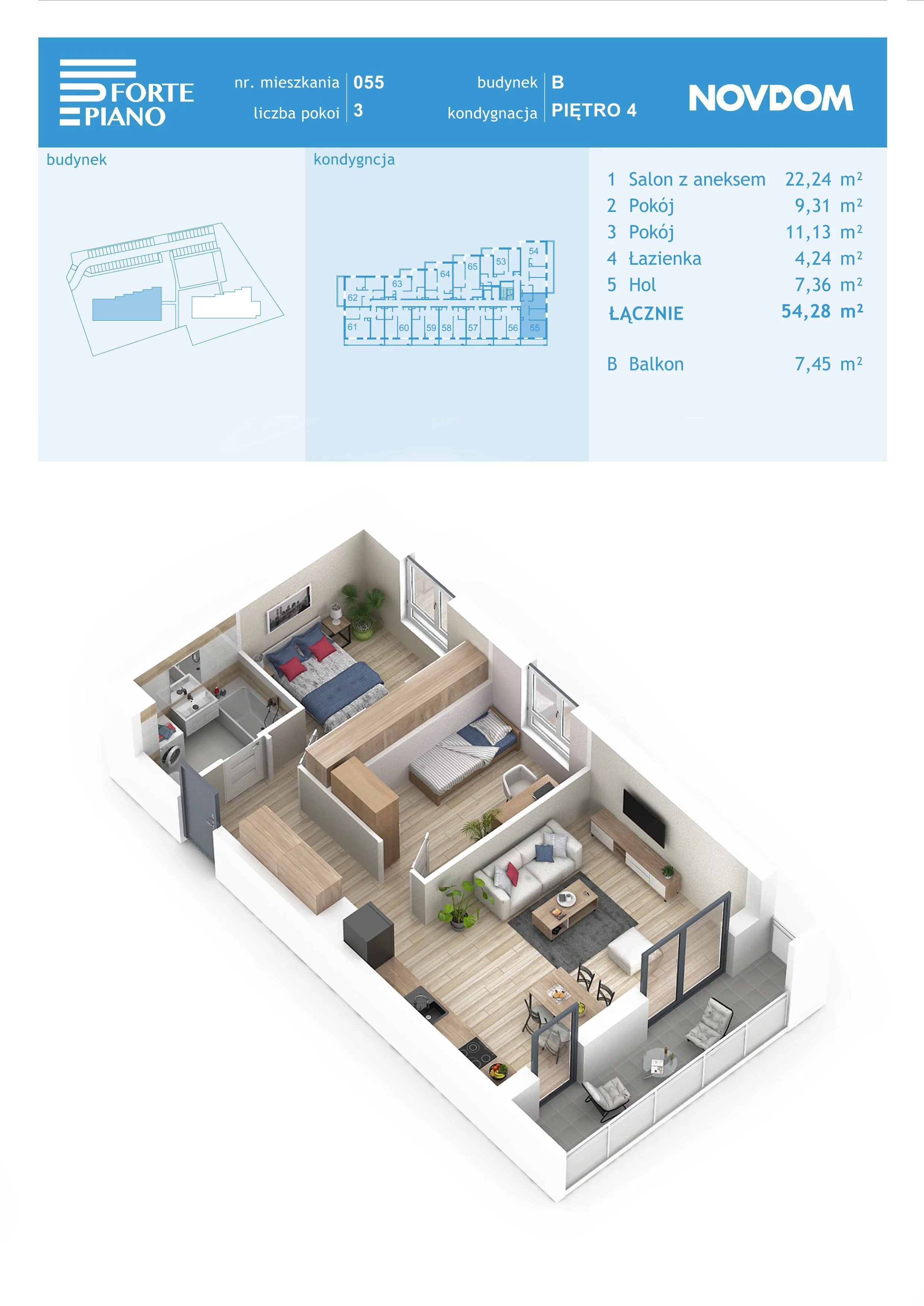 Apartament 54,28 m², piętro 4, oferta nr B/55, Forte Piano, Ostrołęka, ul. Ostrołęckich Harcerzy-idx