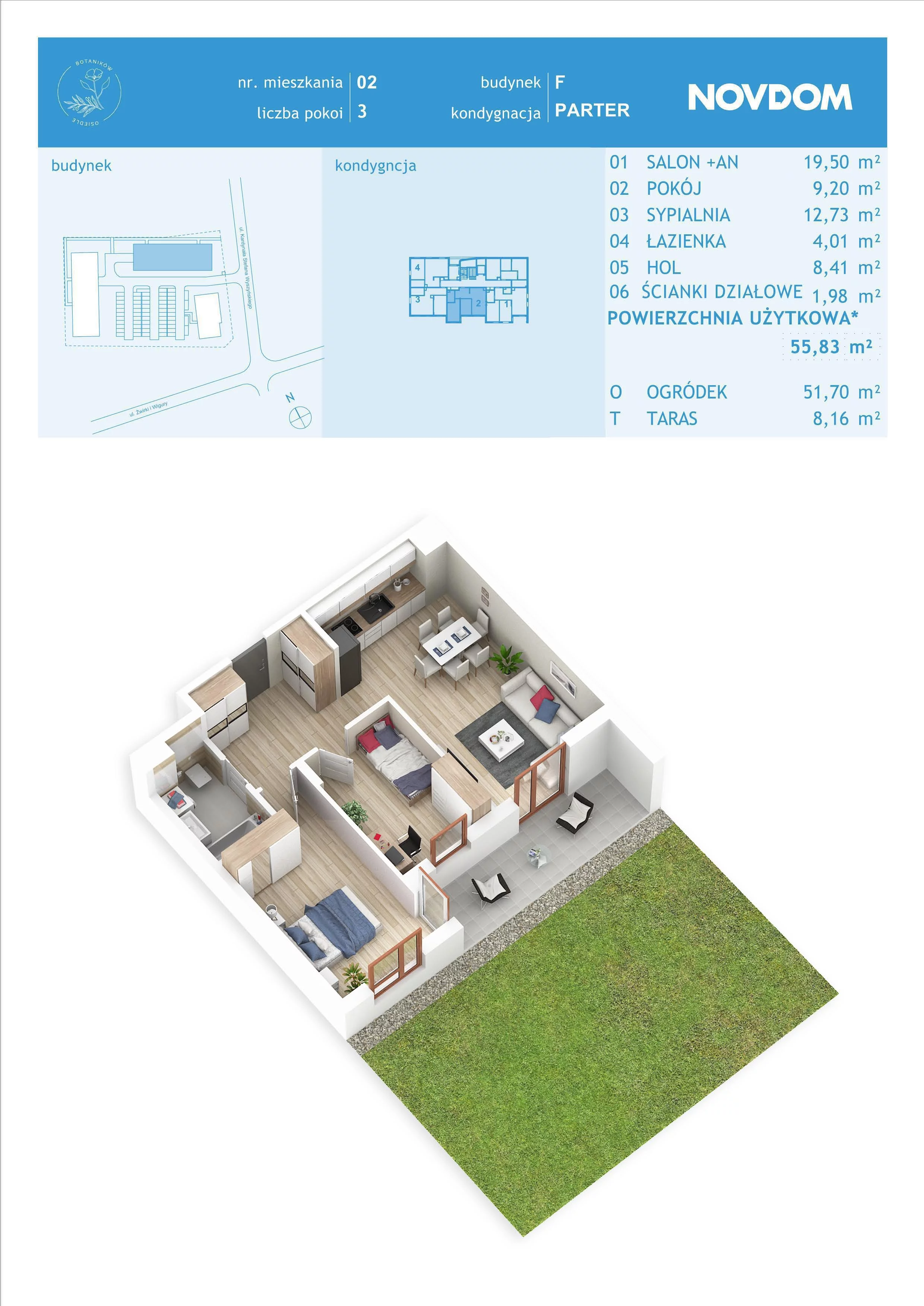 3 pokoje, apartament 55,83 m², parter, oferta nr F/2, Osiedle Botaników EF, Przasnysz, ul. Św. Krzysztofa