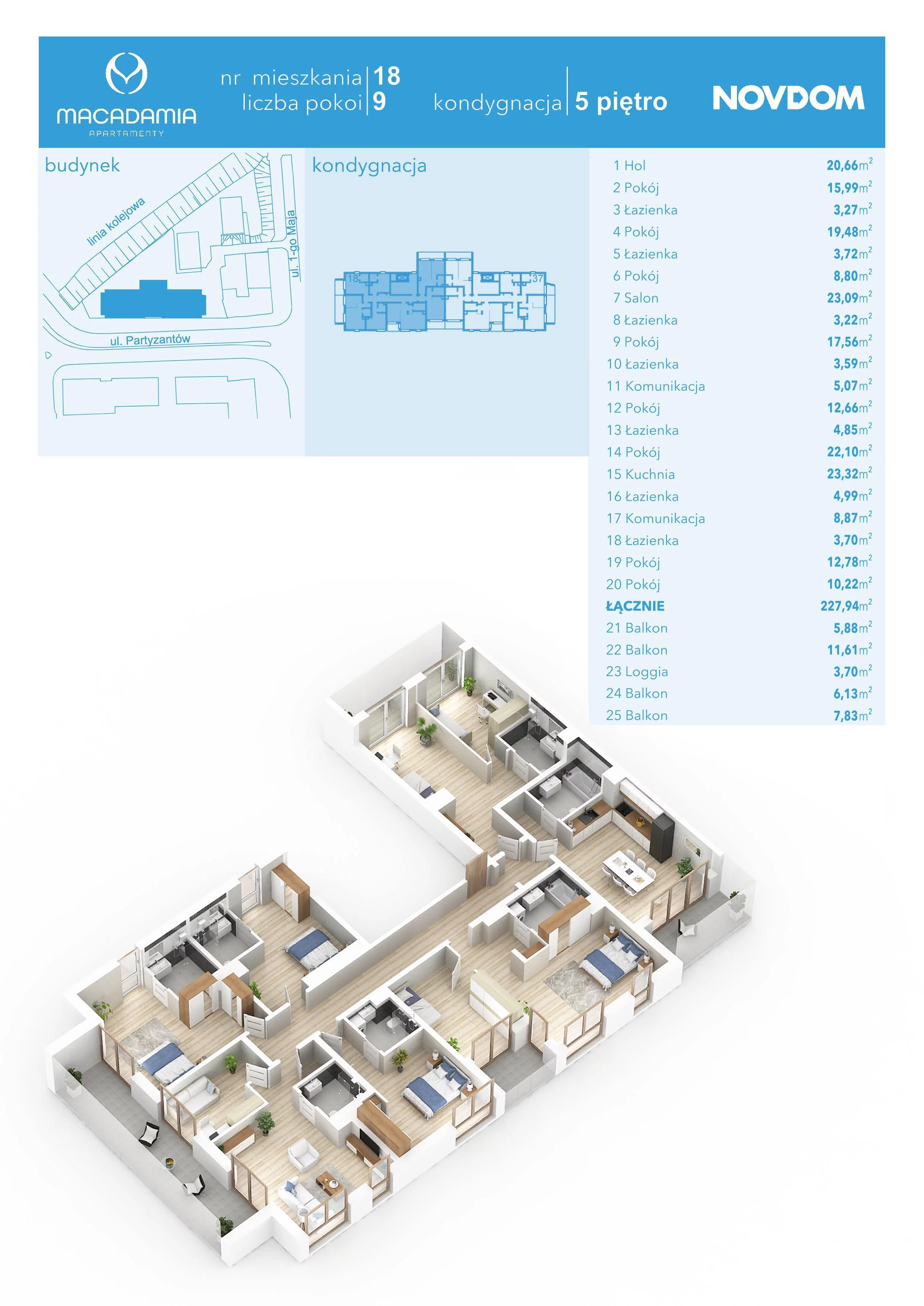 4 pokoje, apartament 227,94 m², piętro 5, oferta nr 1/18, Apartamenty Macadamia, Olsztyn, Śródmieście, ul. 1 Maja