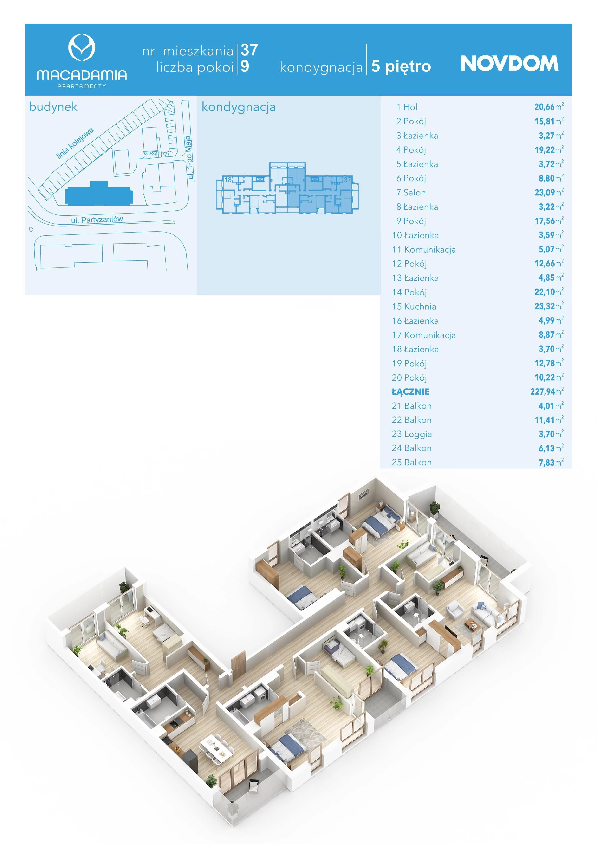 4 pokoje, apartament 227,94 m², piętro 5, oferta nr 1/37, Apartamenty Macadamia, Olsztyn, Śródmieście, ul. 1 Maja