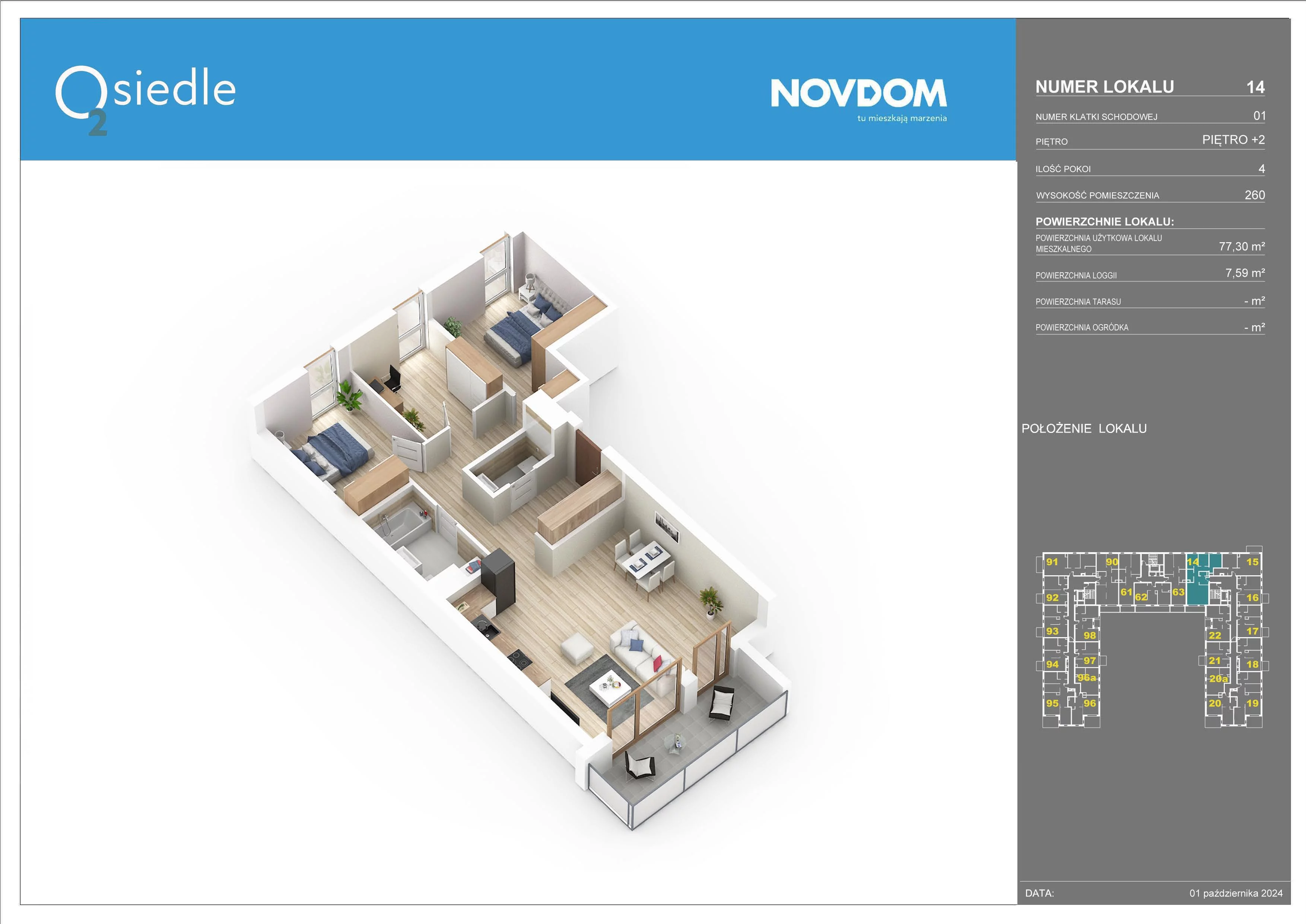 4 pokoje, apartament 77,30 m², piętro 2, oferta nr 14, Osiedle O2, Płońsk, ul. Klonowa