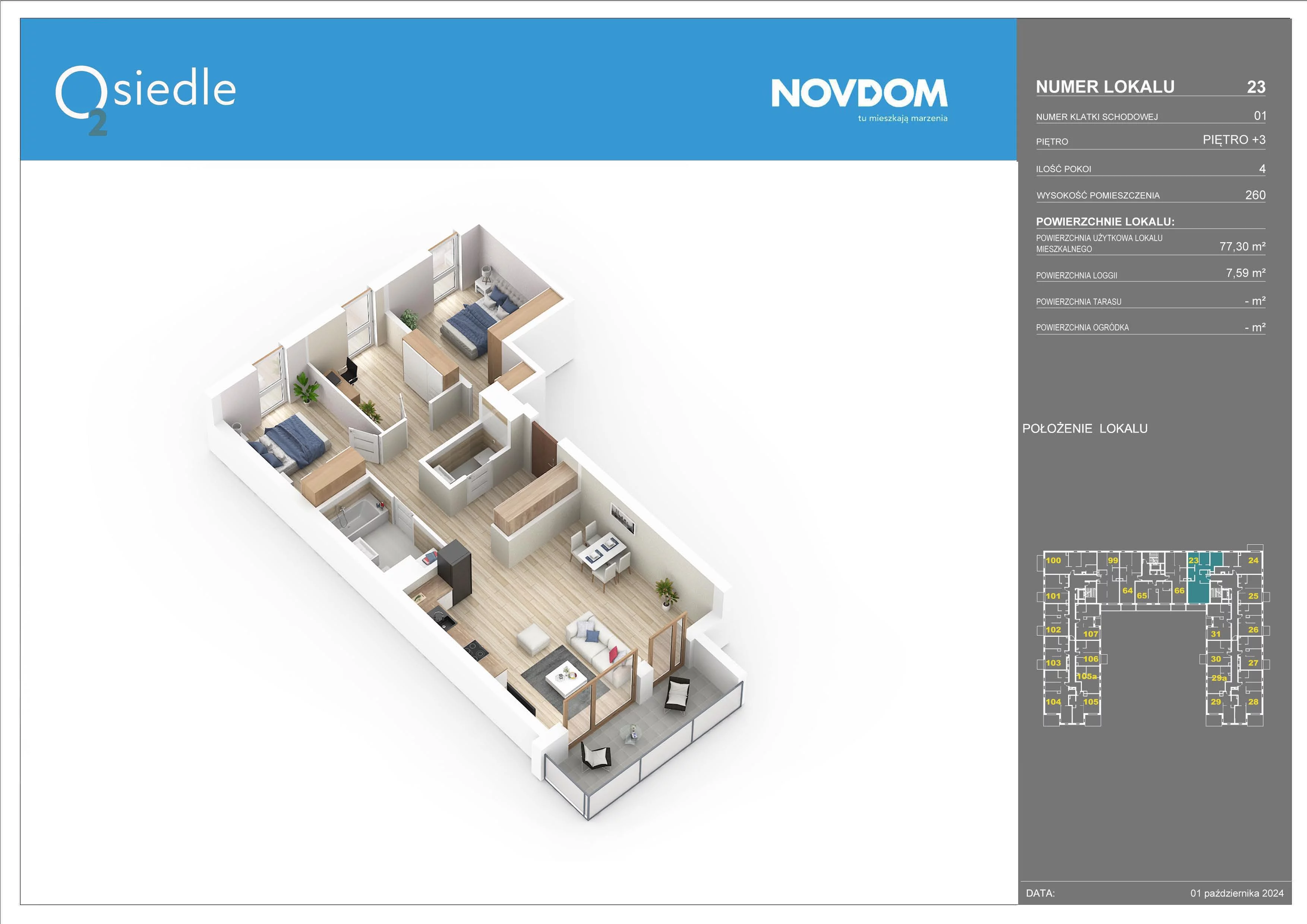 4 pokoje, apartament 77,30 m², piętro 3, oferta nr 23, Osiedle O2, Płońsk, ul. Klonowa
