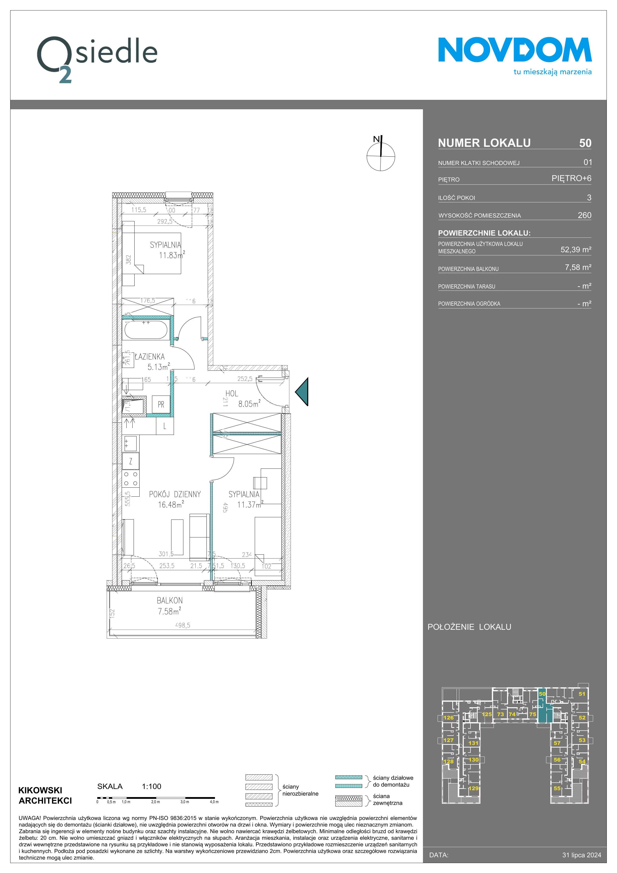 4 pokoje, apartament 77,30 m², piętro 6, oferta nr 50, Osiedle O2, Płońsk, ul. Klonowa