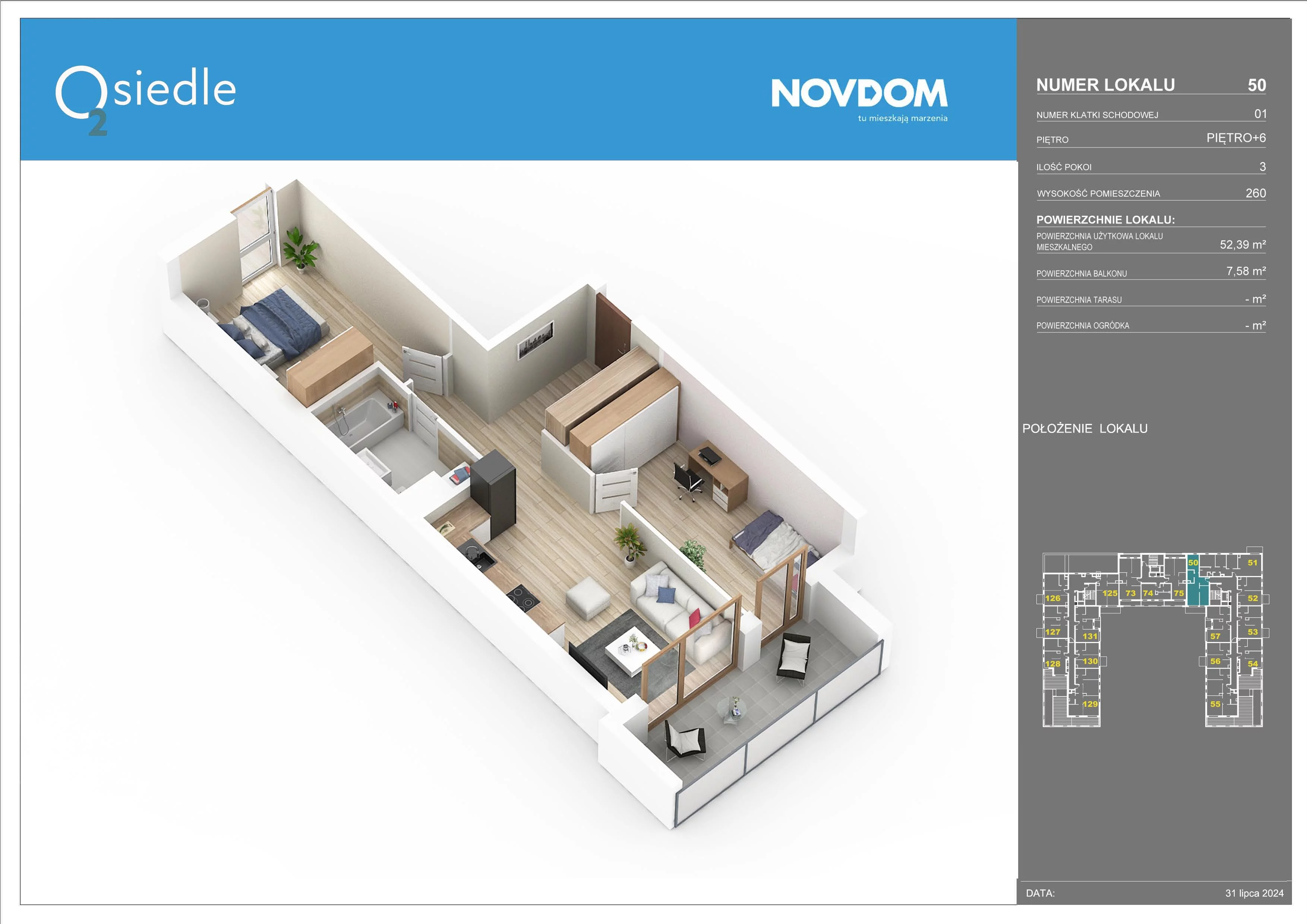 4 pokoje, apartament 77,30 m², piętro 6, oferta nr 50, Osiedle O2, Płońsk, ul. Klonowa