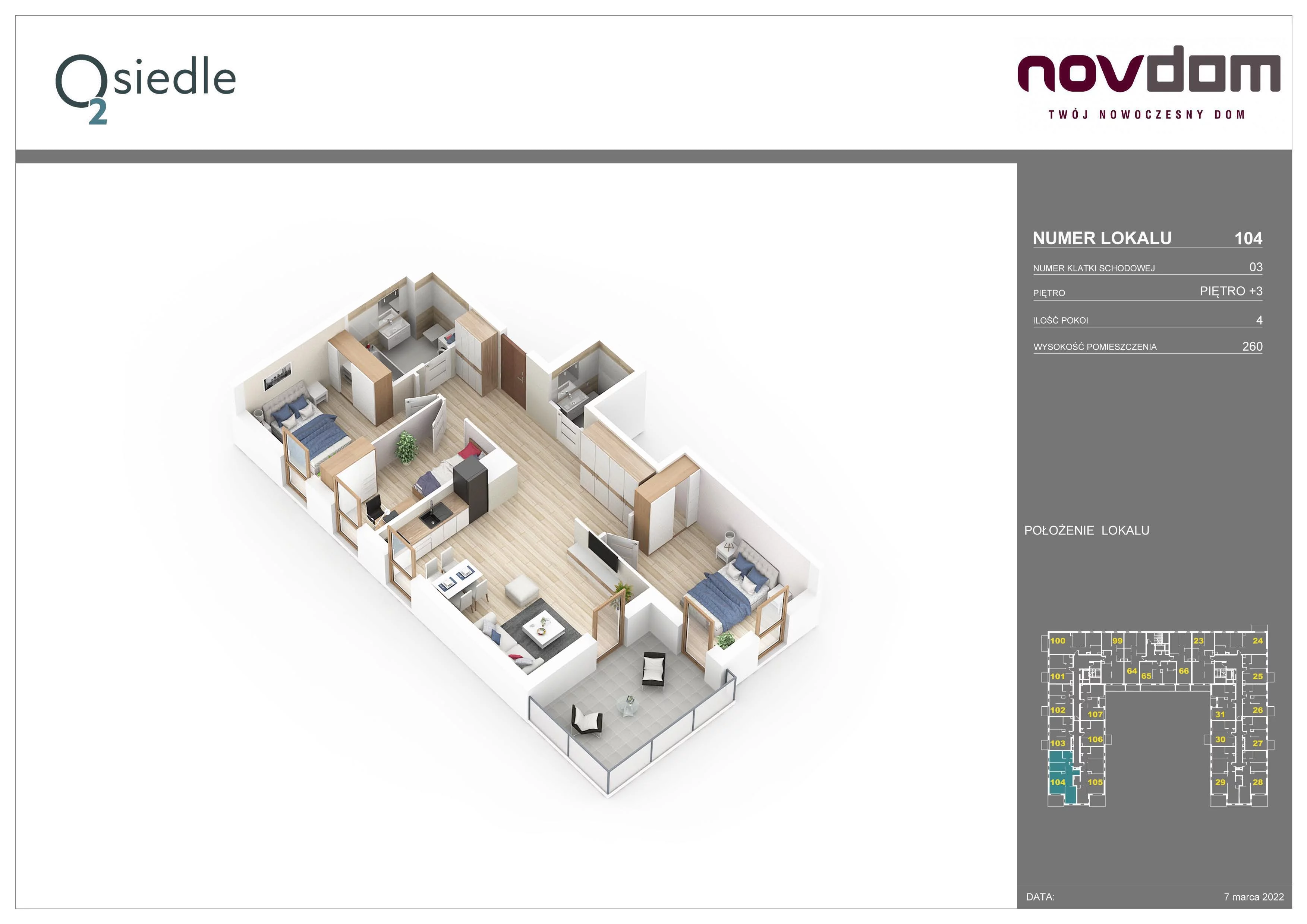 4 pokoje, apartament 70,57 m², piętro 3, oferta nr B/104, Osiedle O2, Płońsk, ul. Klonowa