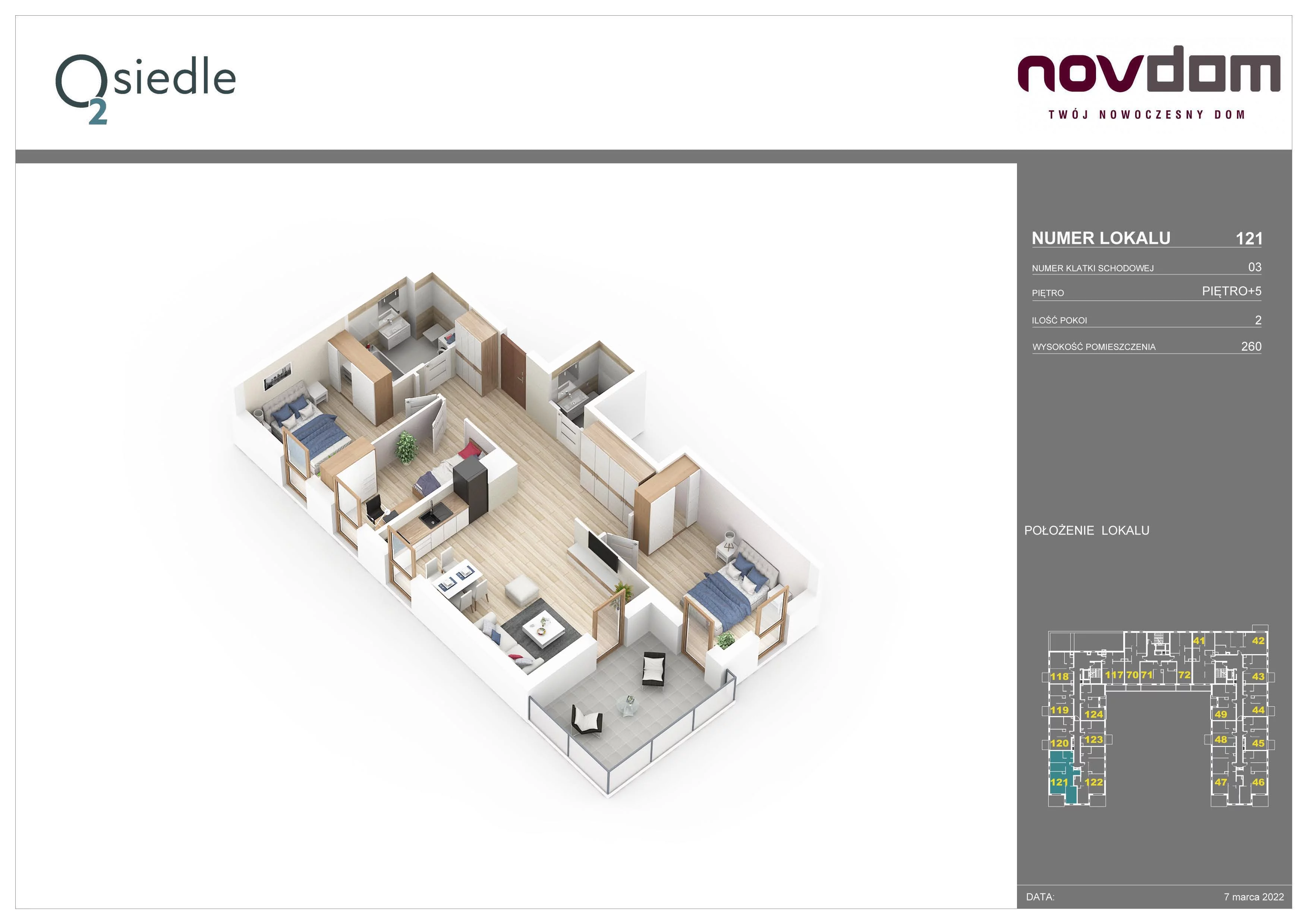 4 pokoje, apartament 70,57 m², piętro 5, oferta nr B/121, Osiedle O2, Płońsk, ul. Klonowa