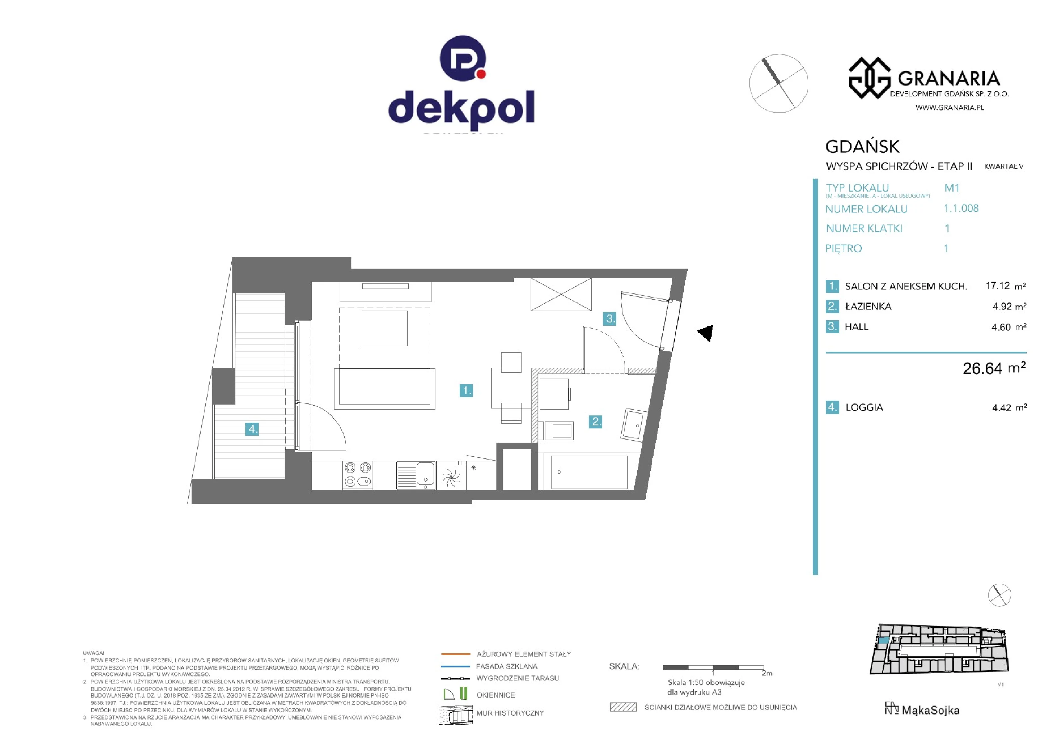 1 pokój, apartament 26,64 m², piętro 1, oferta nr 1.1.008.M, Granaria, Gdańsk, Śródmieście, ul. Chmielna