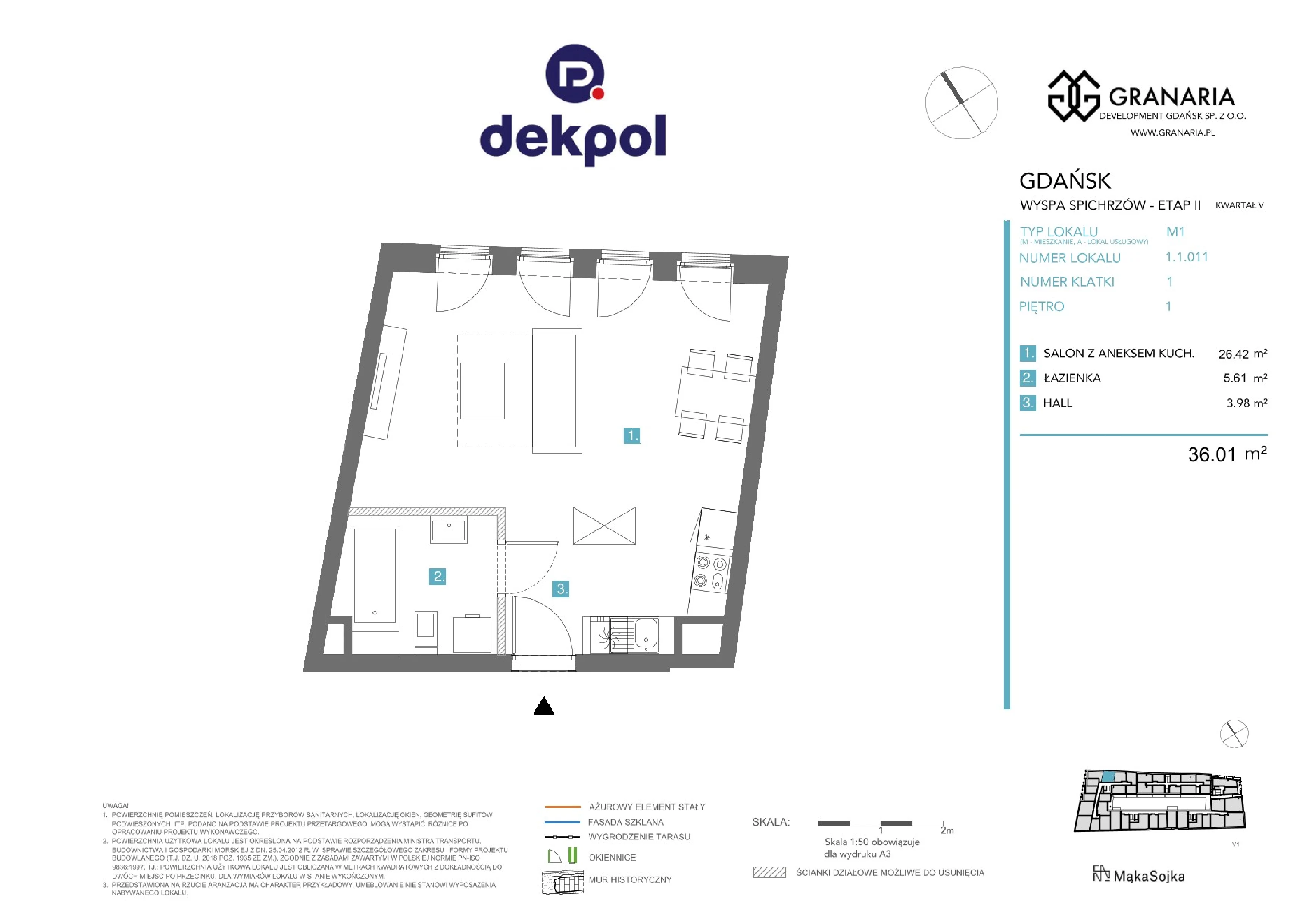 1 pokój, apartament 36,01 m², piętro 1, oferta nr 1.1.011.M, Granaria, Gdańsk, Śródmieście, ul. Chmielna