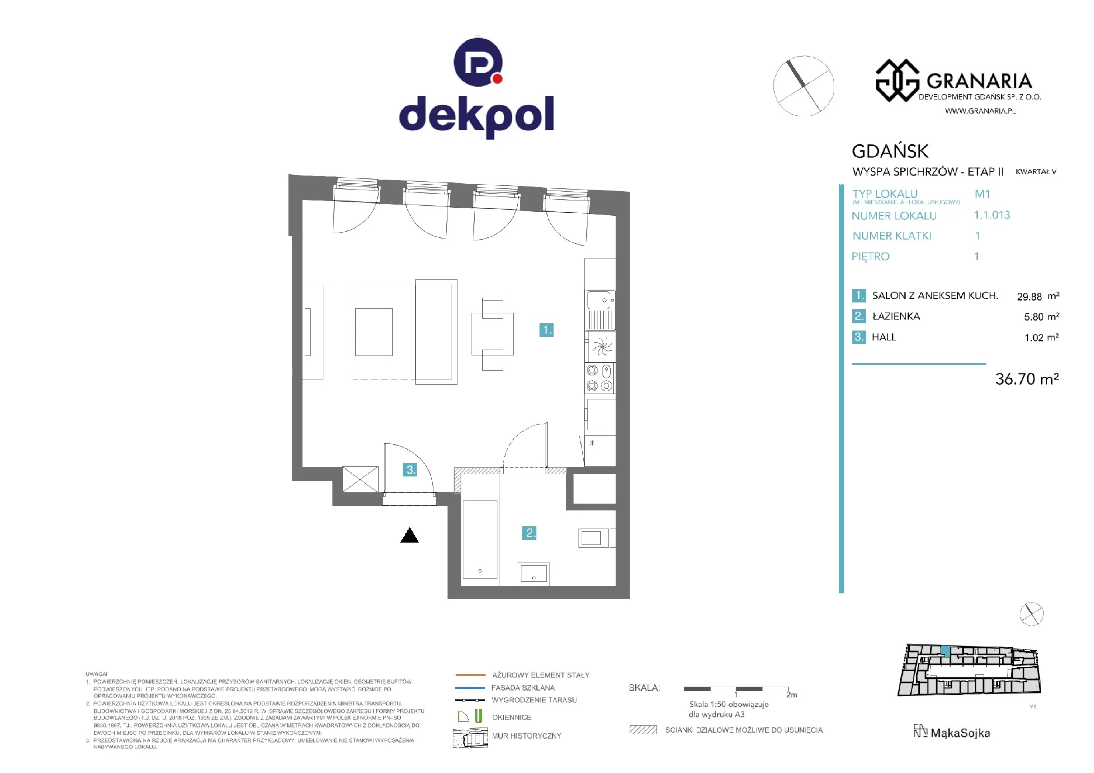 1 pokój, mieszkanie 36,70 m², piętro 1, oferta nr 1.1.013.M, Granaria, Gdańsk, Śródmieście, ul. Chmielna