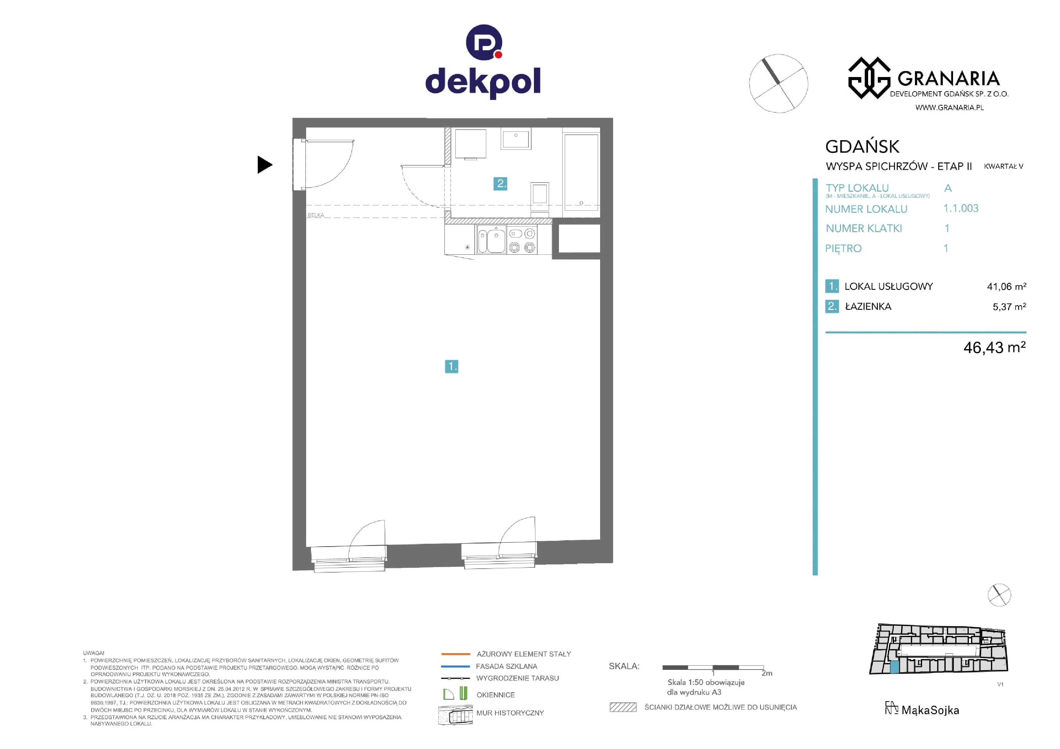 1 pokój, apartament 46,43 m², piętro 1, oferta nr 1.1.003, Granaria, Gdańsk, Śródmieście, ul. Chmielna