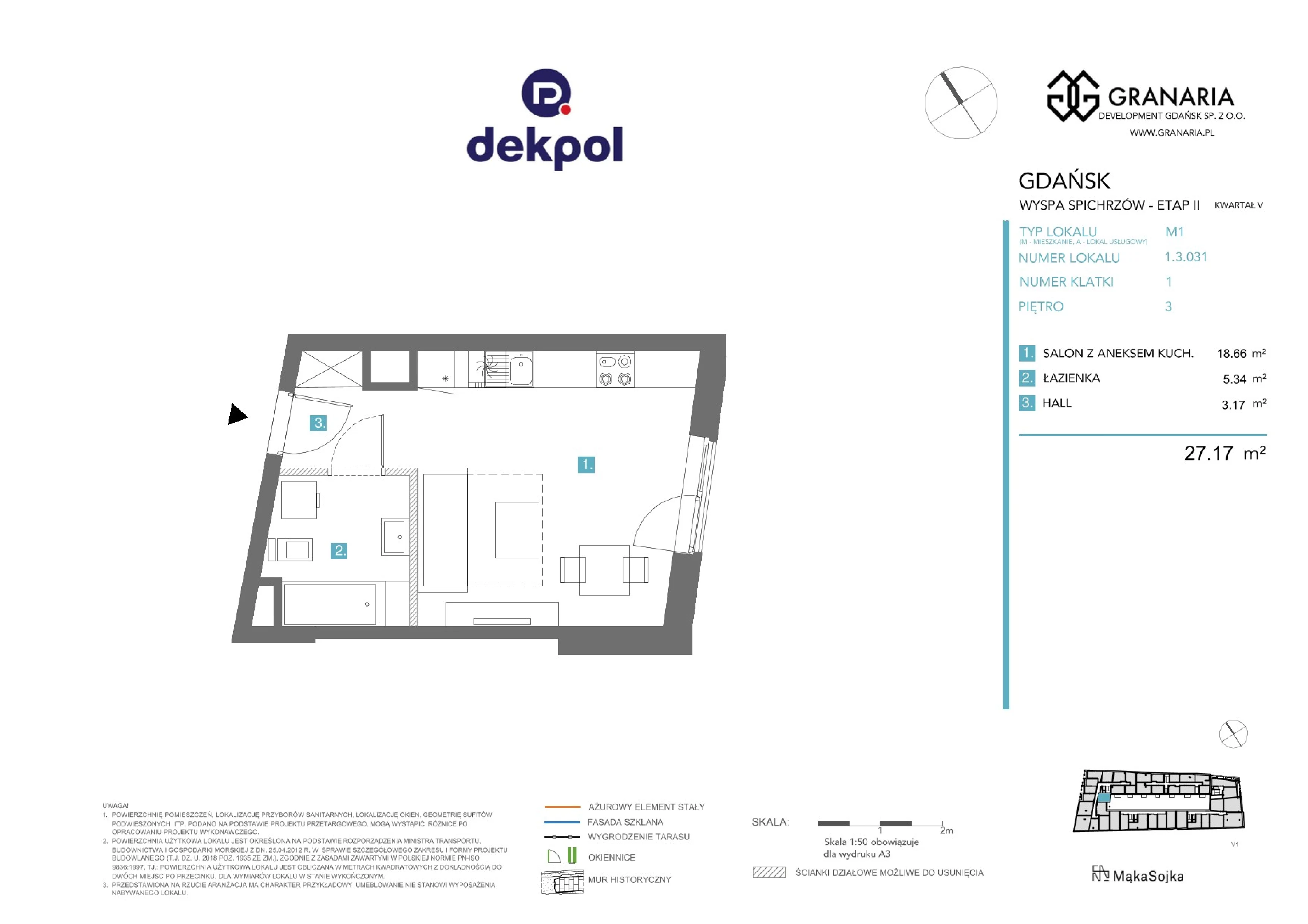 1 pokój, mieszkanie 27,17 m², piętro 3, oferta nr 1.3.031.M, Granaria, Gdańsk, Śródmieście, ul. Chmielna