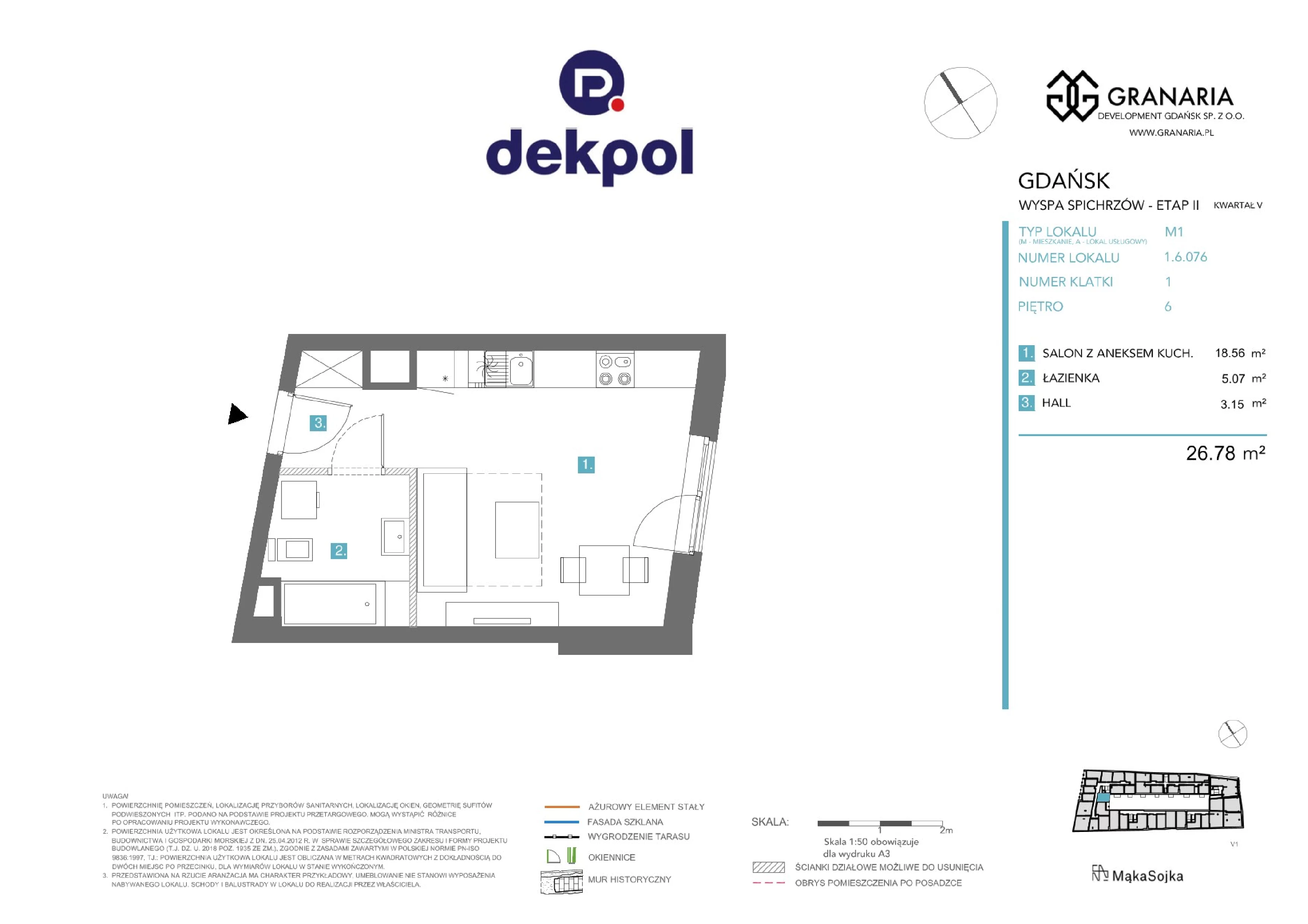 1 pokój, mieszkanie 26,78 m², piętro 6, oferta nr 1.6.076.M, Granaria, Gdańsk, Śródmieście, ul. Chmielna
