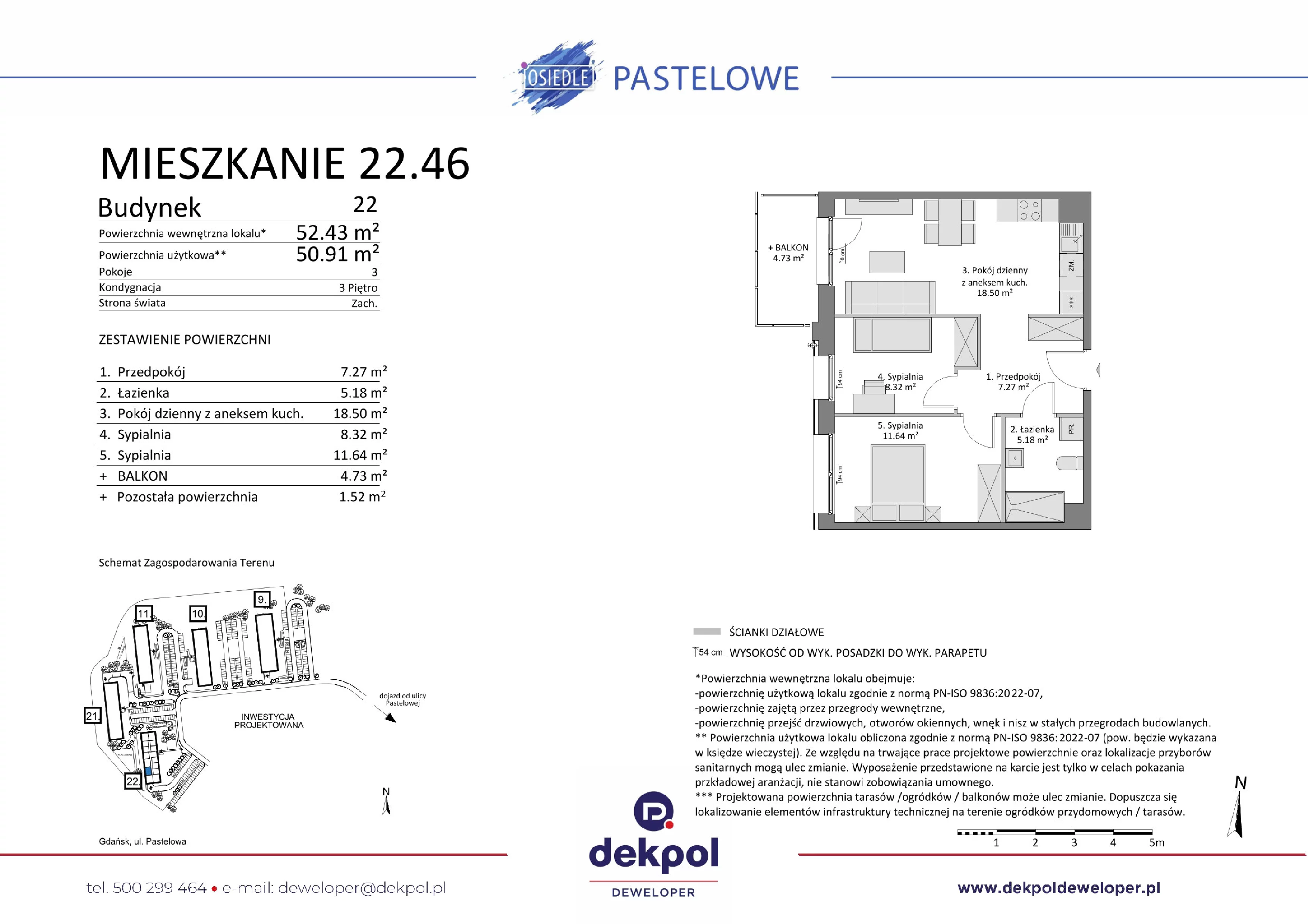 3 pokoje, mieszkanie 50,91 m², piętro 3, oferta nr 22.46, Osiedle Pastelowe, Gdańsk, Orunia Górna-Gdańsk Południe, Łostowice, ul. Pastelowa