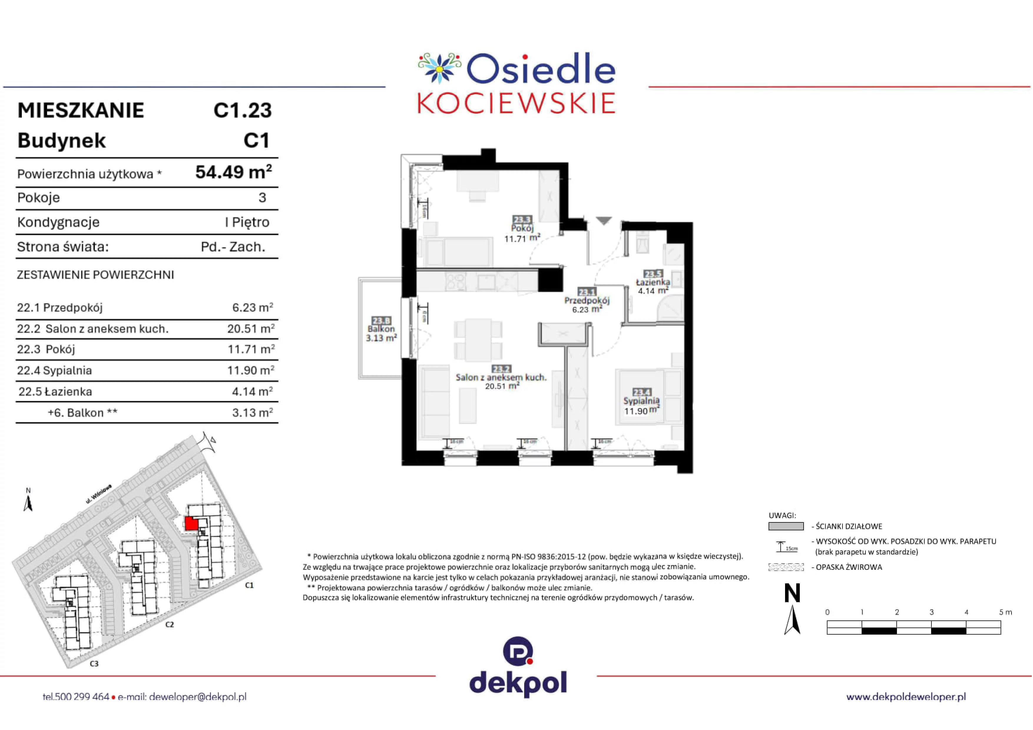 3 pokoje, mieszkanie 54,49 m², piętro 1, oferta nr C1.23, Osiedle Kociewskie III, Rokitki, ul. Tczewska