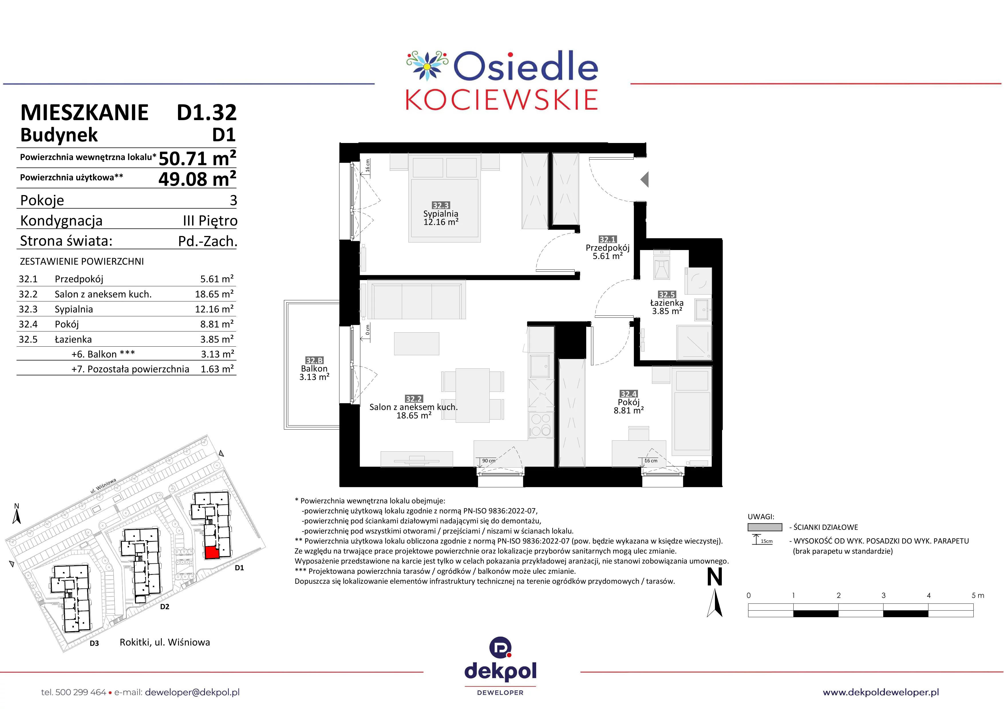 3 pokoje, mieszkanie 49,08 m², piętro 3, oferta nr D1.32, Osiedle Kociewskie III, Rokitki, ul. Tczewska